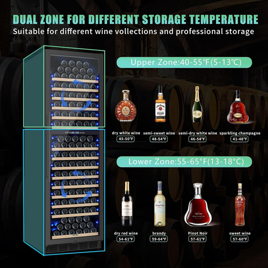 200 Bottle Dual Zone Wine Fridge, 24 Inch Large Wine Cooler Refrigerator Built-In or Freestanding, Tall Wine Cooler with Upgraded Compressor, Temperature Memory, Low Noise and Fast Cooling