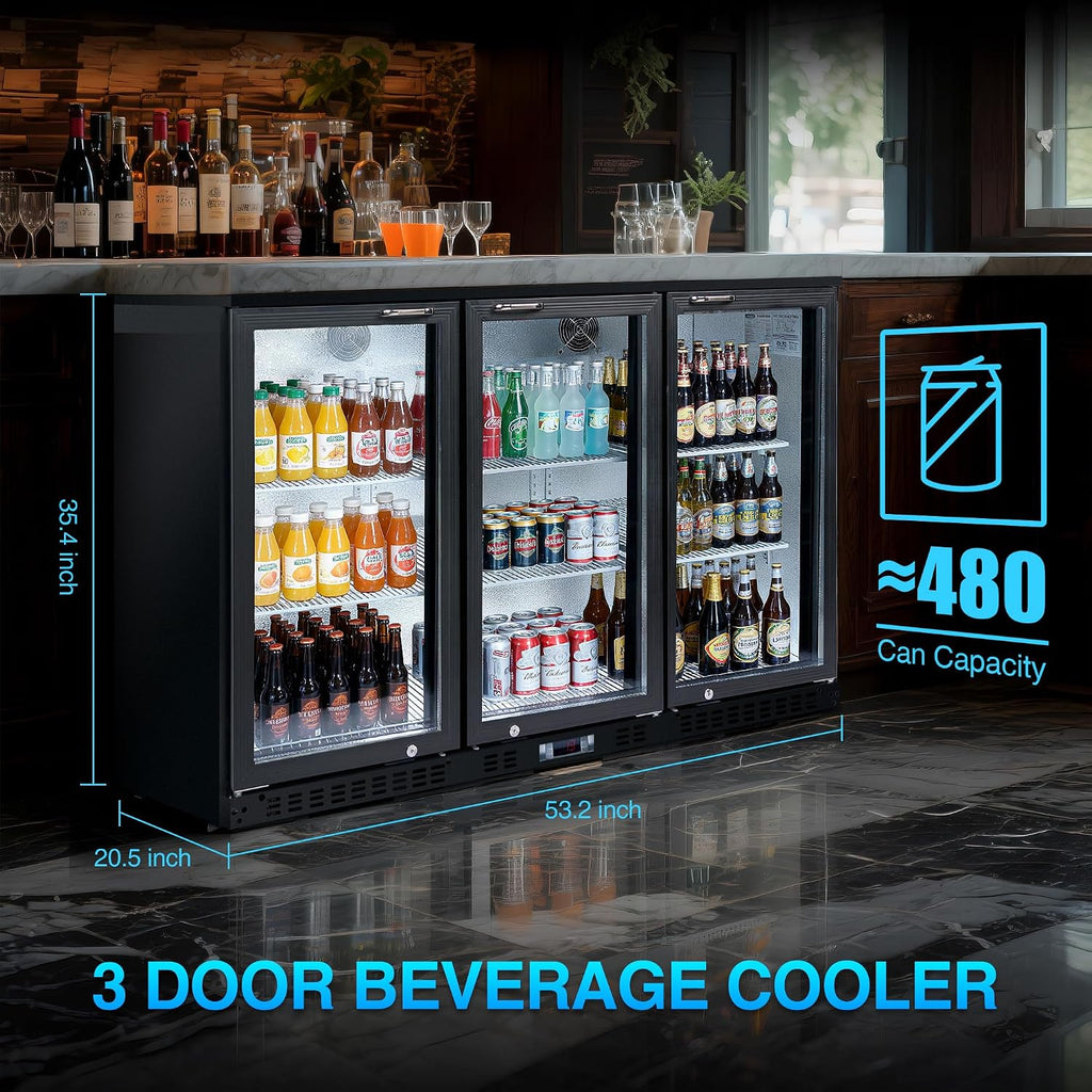 DeepTide Back Bar Cooler with 3 Swing Glass Door - 11.3 Cu.Ft Beverage Refrigerator with Adjustable Shelves,LED Lighting, Safety Lock for Beer，Coffee or Beverages