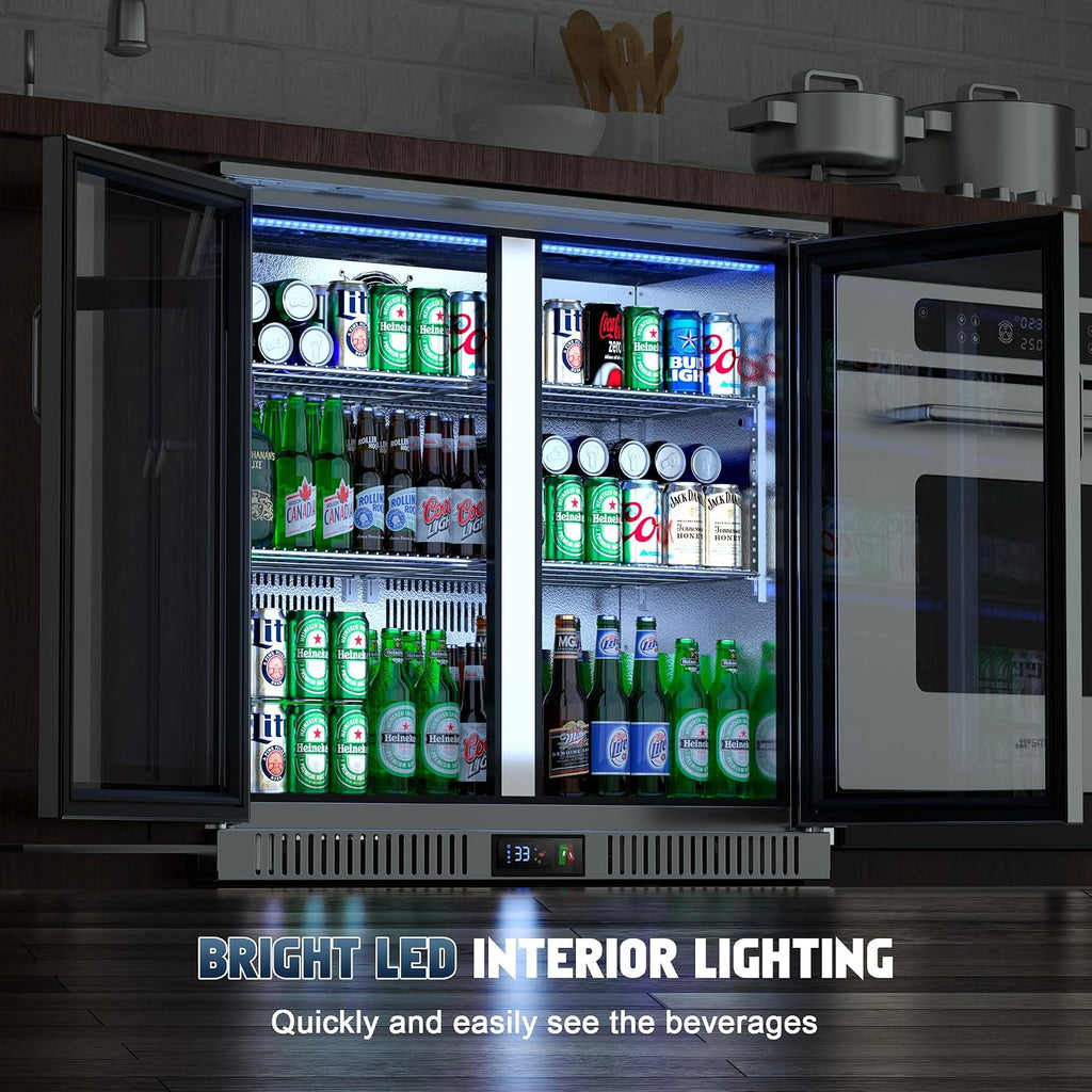 Coolski 36 Inch Back Bar Cooler, Under Counter Beverage Refrigerator with Glass Doors, Commercial Counter Height Display Fridge for Beer Soda, 7.4 Cu.Ft. Capacity/LED Lighting/ETL NSF Approved
