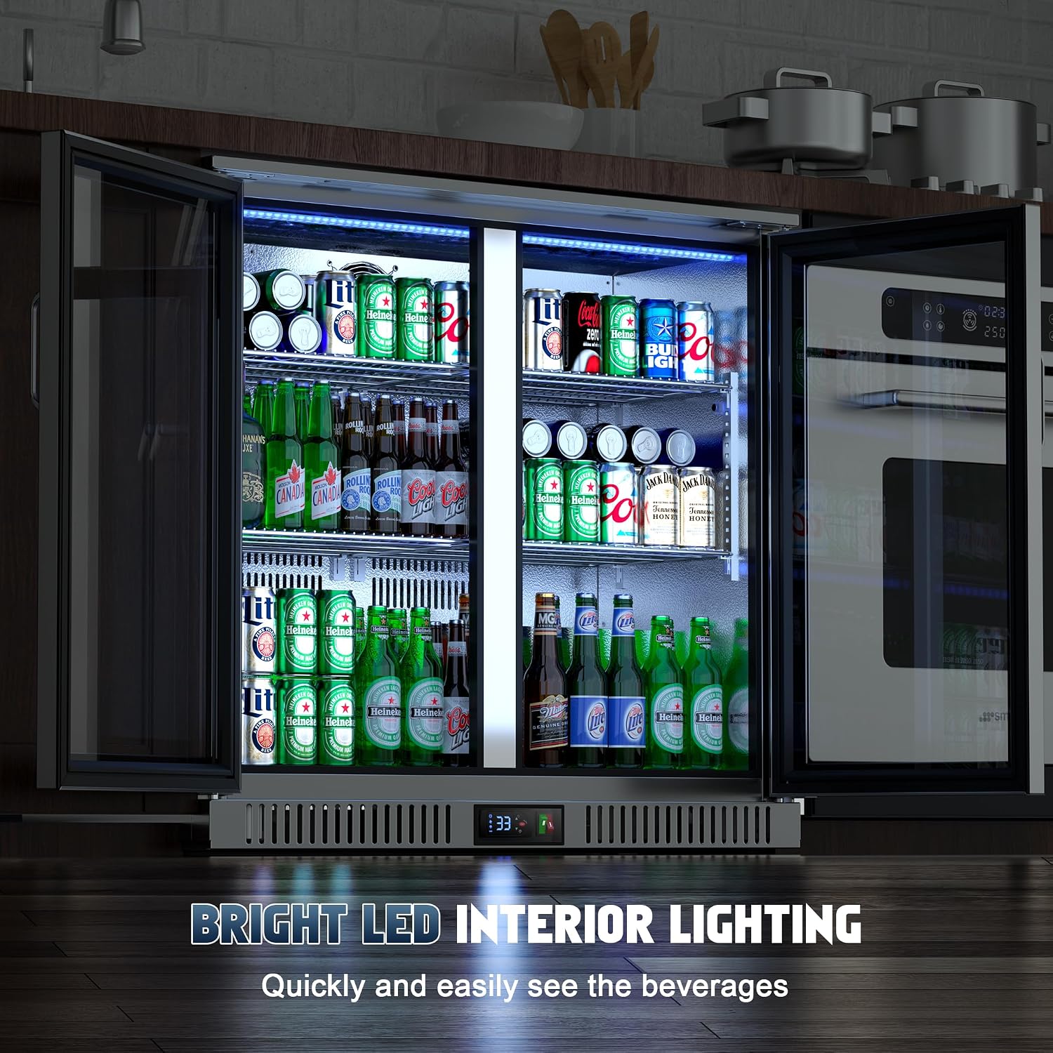 Coolski 36 Inch Back Bar Cooler, Under Counter Beverage Refrigerator with Glass Doors, Commercial Counter Height Display Fridge for Beer Soda, 7.4 Cu.Ft. Capacity/LED Lighting/ETL NSF Approved