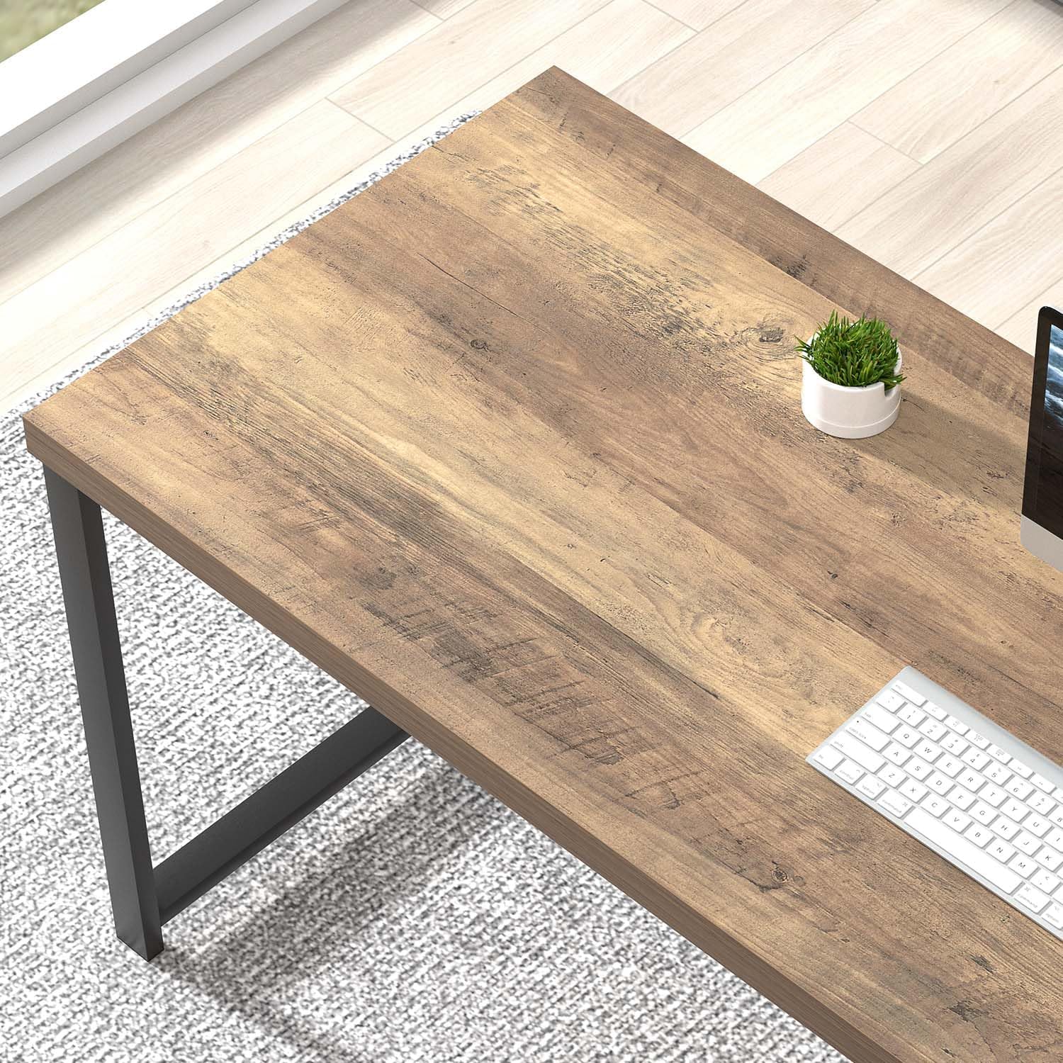 FOLUBAN 60 Inch Home Office Desk, Large Computer Desk with Storage Shelves, Modern Wood and Metal Writing Study Gaming Table Workstation for Living Room, Rustic Oak