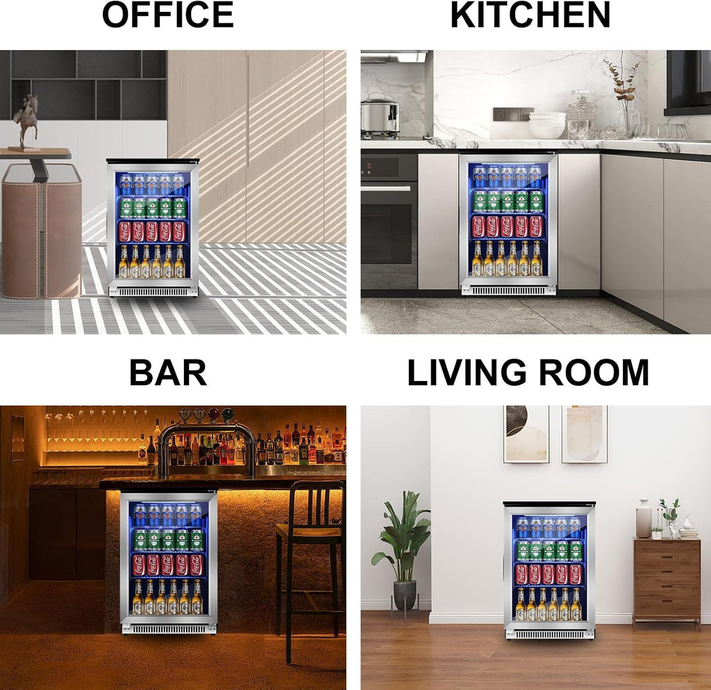 20.1 Inch Built-in Beverage Refrigerator with 7-Color LED Light, Compact 120 Can Under Counter or Freestanding Stainless Steel Drink Cooler Fridge with Glass Door for Soda & Beer