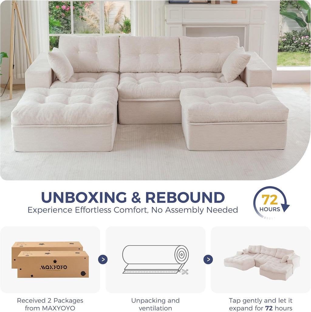 MAXYOYO 104' U Shaped Modular Sectional Sofa with 2 Ottomans, Cloud Boneless Couch with Layered Cushion, Flexible Module Combination Sofa for Living Room, No Assembly Required, Beige