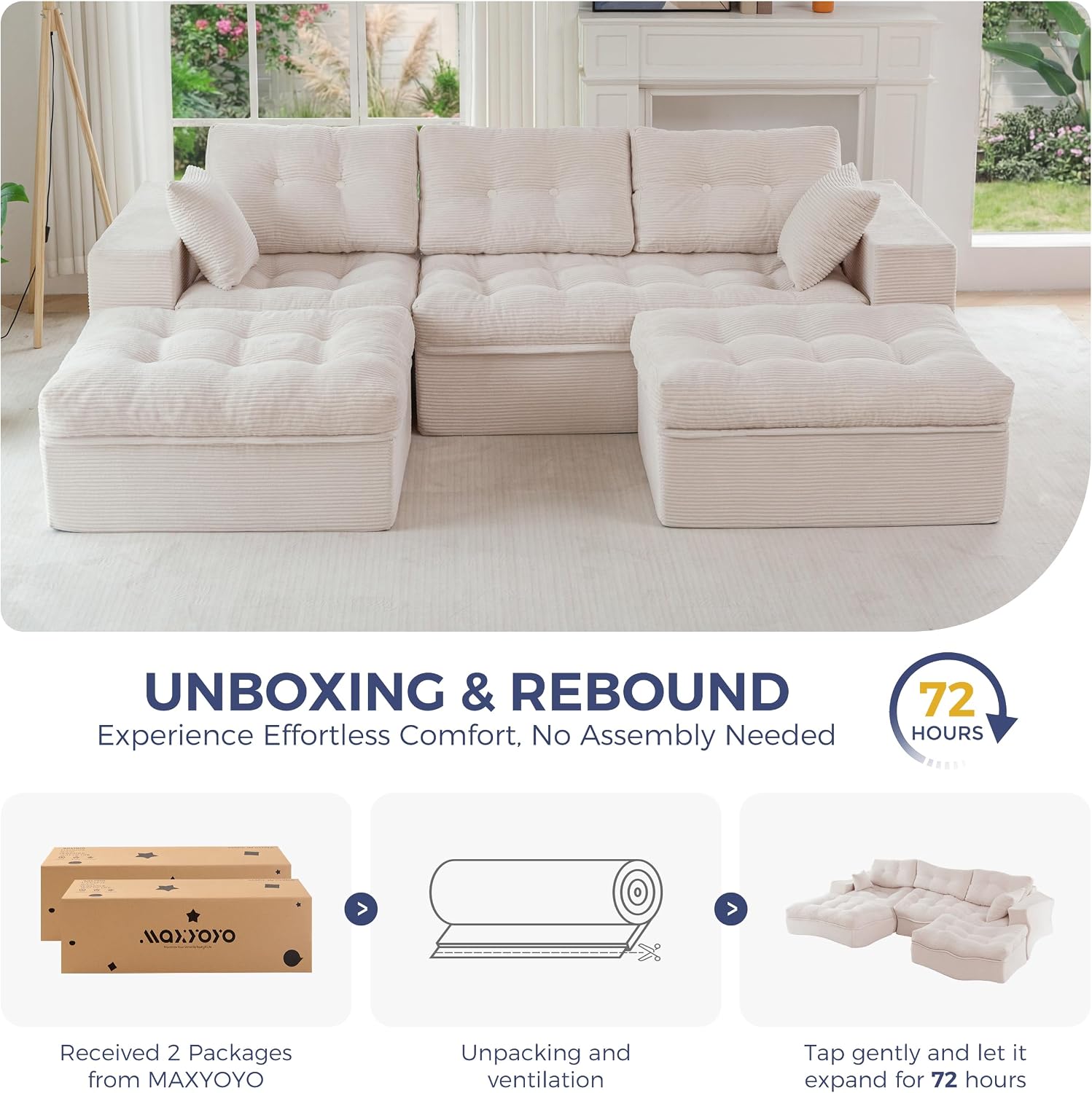 MAXYOYO 104' U Shaped Modular Sectional Sofa with 2 Ottomans, Cloud Boneless Couch with Layered Cushion, Flexible Module Combination Sofa for Living Room, No Assembly Required, Beige