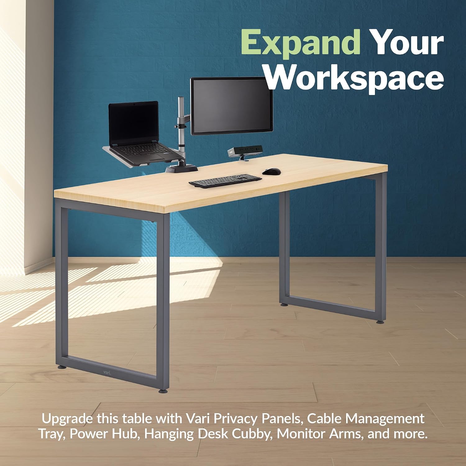 Vari 60x24 Modern Table- Large Computer Desk by Varidesk- Light Wood Study Writing Desk- Sturdy Slim Legs, Durable Laminate Finish, Heavy Duty Table, Easy Assembly