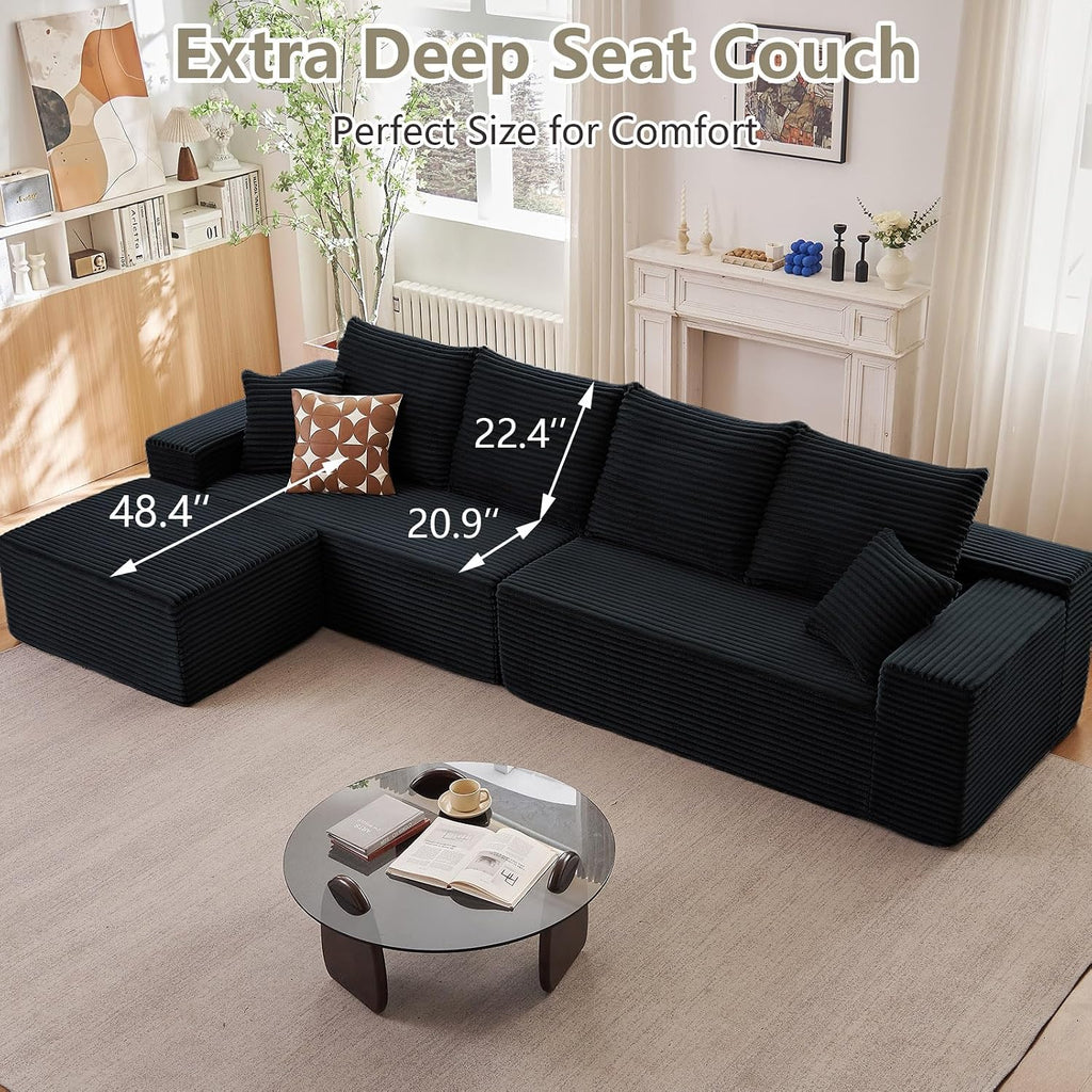 140' L Shaped Cloud Sectional Couch for Living Room, Modular Floor Deep-Seat Sofa, Big Comfy Corduroy Couches Set with Fluffy Memory Foam for Living Room Bedroom, No Assembly Required, Black