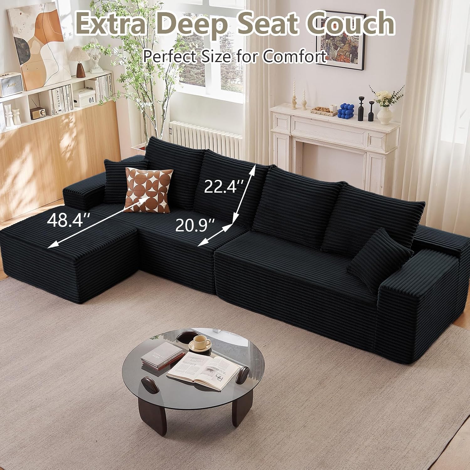 140' L Shaped Cloud Sectional Couch for Living Room, Modular Floor Deep-Seat Sofa, Big Comfy Corduroy Couches Set with Fluffy Memory Foam for Living Room Bedroom, No Assembly Required, Black