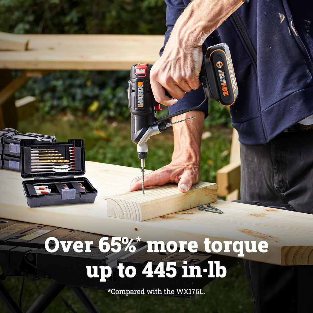 WORX WX177L.2 Cordless Drill Driver, 20V 445 in·lb Brushless Power Drill Driver, Powerful Drilling and Driving, 2-in-1 Design, 85 Bits, Battery and Charger Included, PowerShare