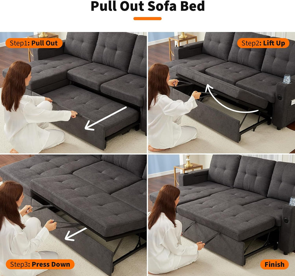 GarveeLife Couches for Living Room, 84'' L-Shaped Sectional Sleeper Sofa with Pull Out Bed, Comfy Sofa Bed with Charging Ports and Storage Armrests, Dark Grey