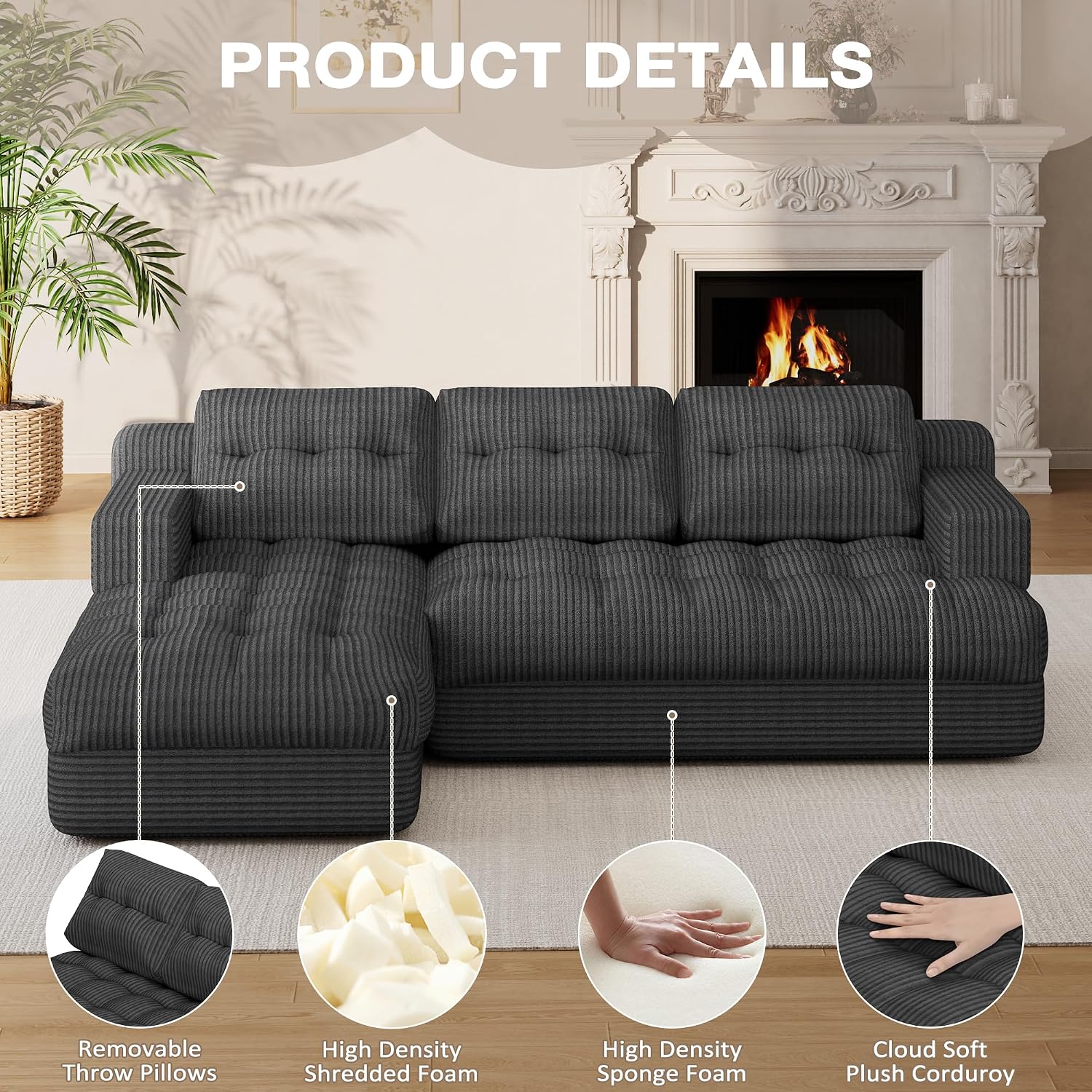 Boneless Couch, 2026 New Boneless Sectional Couch with Deep Seat & Chaise for Small Spaces, Upholstered Cloud Couch Sectional Boneless Couches for Living Room, No Assembly, Left Facing Chaise, Grey