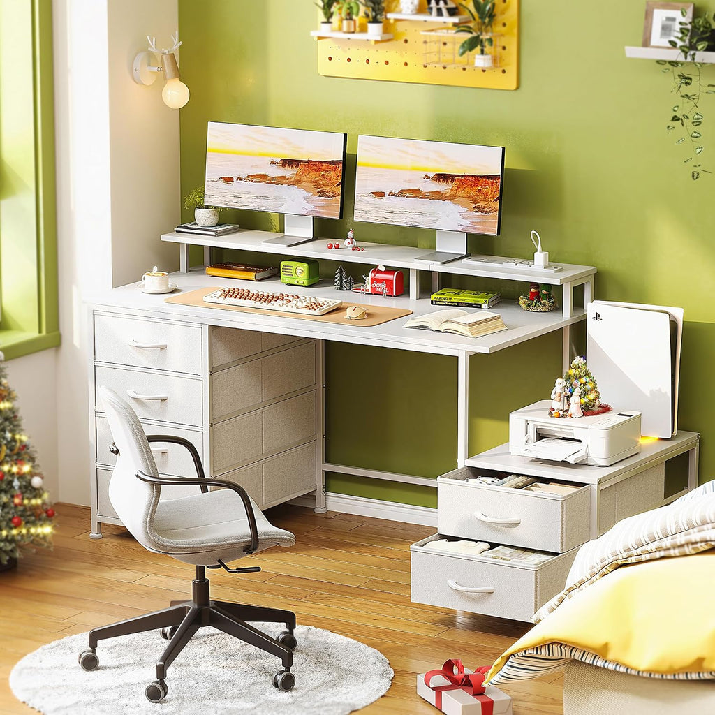 52 Inch Office Desk with 6 Drawers and Printer Space for Storage, Reversible Computer Desk with Monitor Stand & Power Outlets, Home Office Desks, White