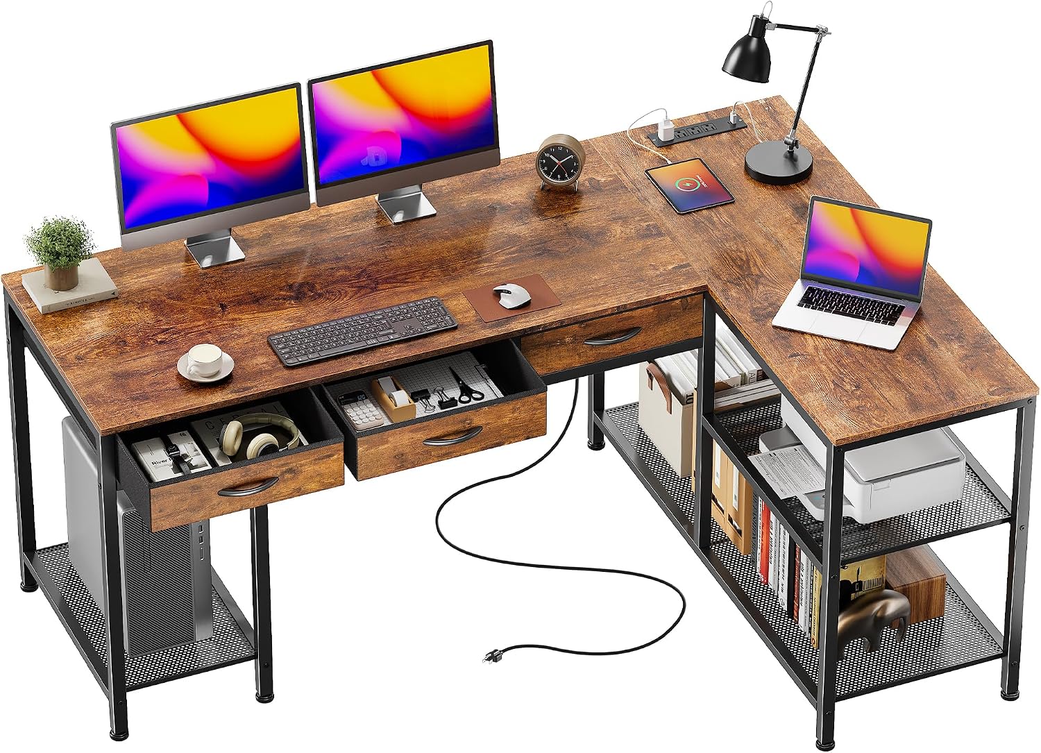 PRAISUN 55 Inch L Shaped Office Desk with Power Outlets and Type-C Port, Large Computer Gaming Desk with 3 Fabric Drawers, Mesh Shelves, Corner Study Work Writing Desk, Rustic Brown