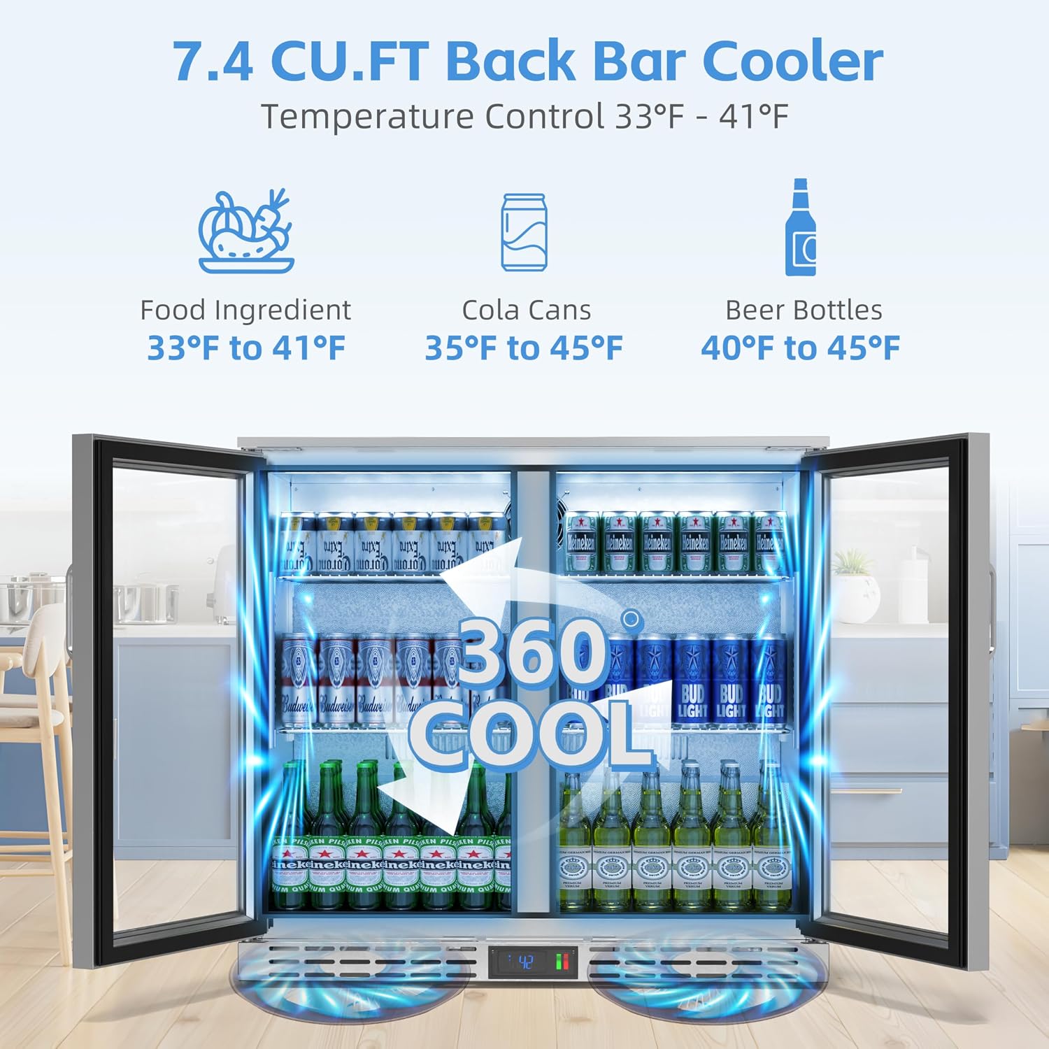 36 inch 7.4 cu.ft Back Bar Cooler Commercial Under Counter Beverage Refrigerator with 2 Glass Doors & LED Lighting, Stainless Steel Bottle Cooler for Home Bar Restaurant, Sliver, 115V, ETL Approved