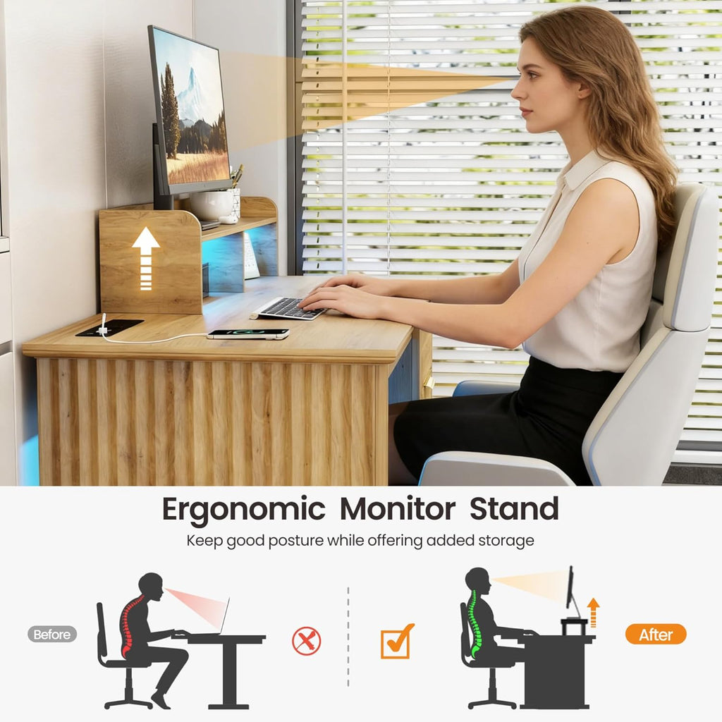 Lareth Computer Desk with Monitor Stand, 47 inch Home Office Desk with RGB LED Lights and Power Outlets, Writing Desk with Storage File Drawer for Working Gaming Writing, Wood