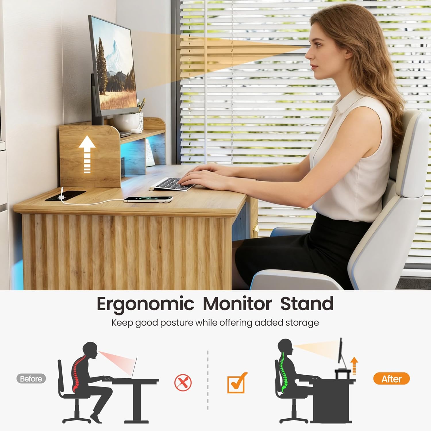 Lareth Computer Desk with Monitor Stand, 47 inch Home Office Desk with RGB LED Lights and Power Outlets, Writing Desk with Storage File Drawer for Working Gaming Writing, Wood