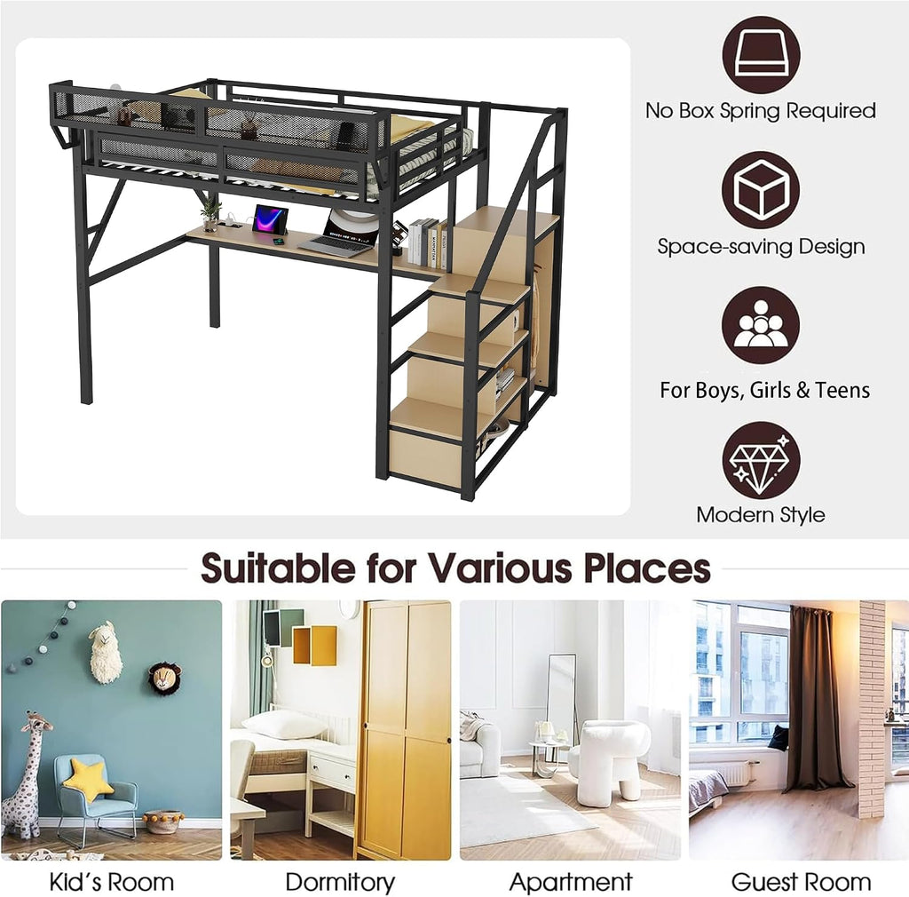 Mirightone Full Size Loft Bed with Stairs & Desk, Metal Loft Bed Frame with LED and Charging Station, High Loft Beds Gaming Lofted Full Bed with Storage Shelf for Kids and Teens (Black+Natural)