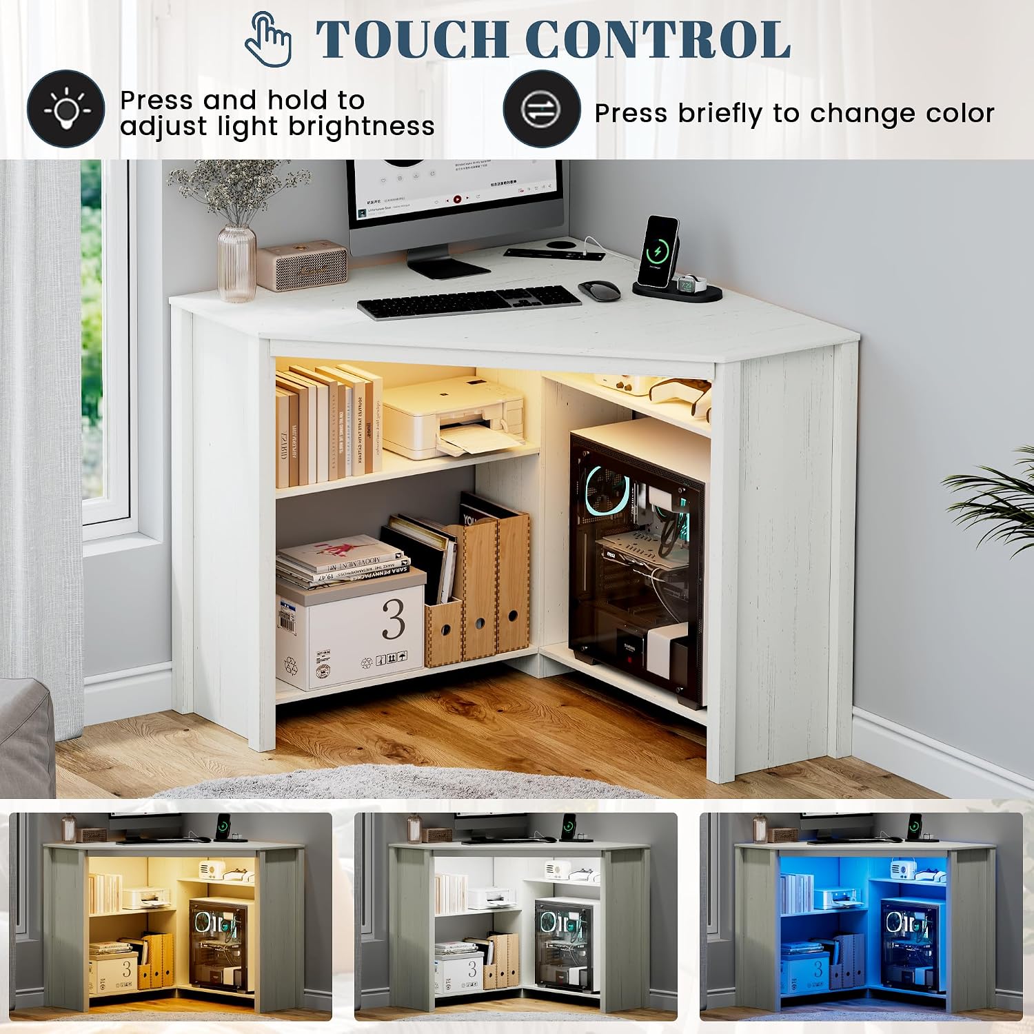 Corner Desk with Charging Station & LED Light, Triangle Computer Desk for Small Spaces with Storage Shelves & CPU Stand, Space Saving Writing & Makeup Vanity Desk -White
