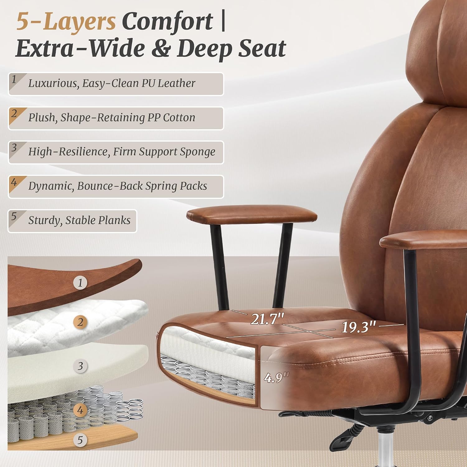 Cozyman Ergonomic PU Leather Home Office Chair, High Back Executive Desk Chair with 5-Layer Cushion, 95-135° Reclining Back, Lumbar Support, Adjustable Height, 360° Swivel for Home Office Task, Brown