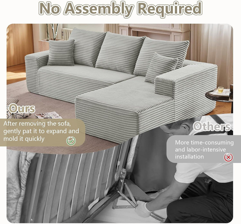107' Cloud Sectional Couch with L-Shape Chaise, Modern Modular Comfy Sofa Chaise Longue, Upholstered Corduroy Couches Sleeper with Deep Seat for Living Room Bedroom, No Assembly Required, Grey