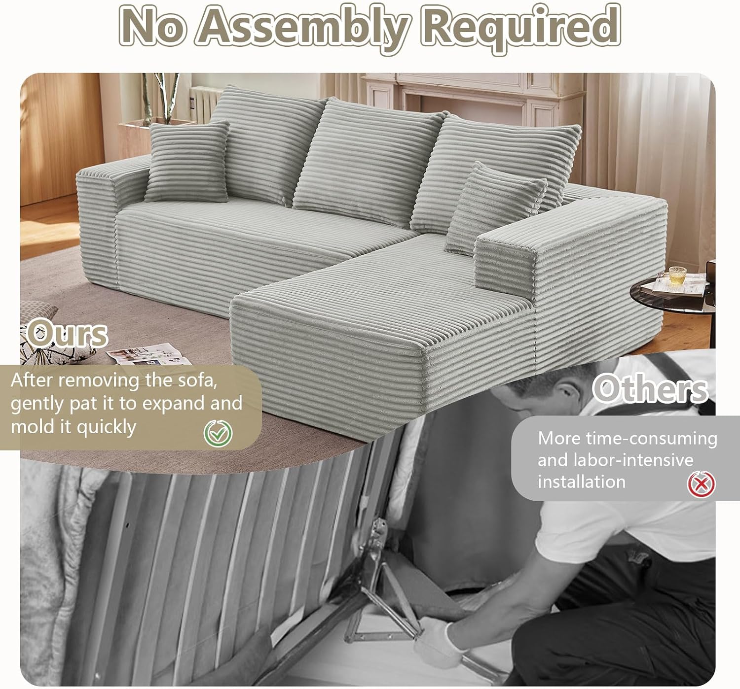 107' Cloud Sectional Couch with L-Shape Chaise, Modern Modular Comfy Sofa Chaise Longue, Upholstered Corduroy Couches Sleeper with Deep Seat for Living Room Bedroom, No Assembly Required, Grey