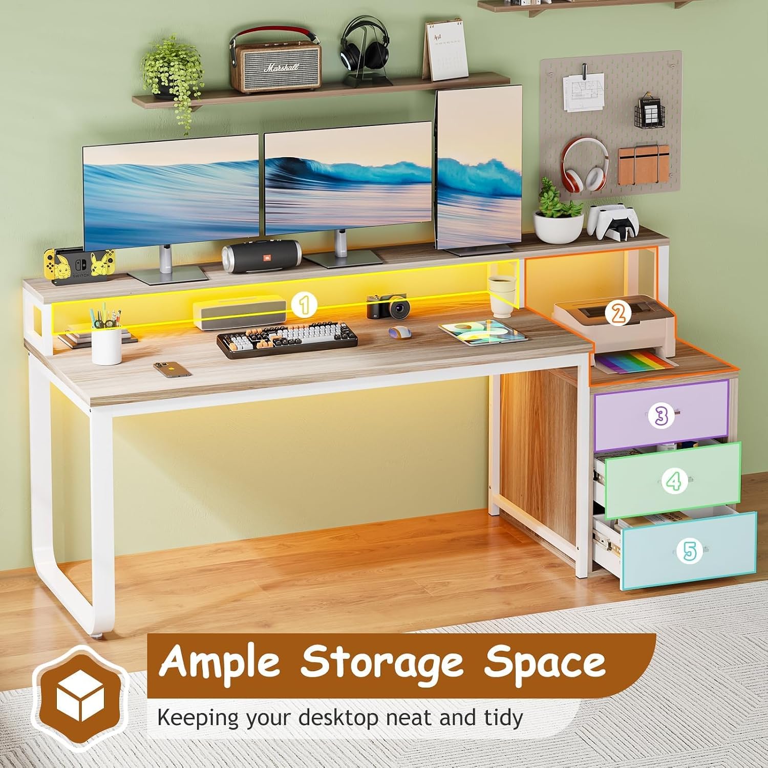 HOMBCK 67' Computer Desk with 3 Drawers, Home Office Desk with Long Monitor Stand and Printer Space, Office Desk with Storage & LED Lights, Writing Desk with Drawers, Walnut and White