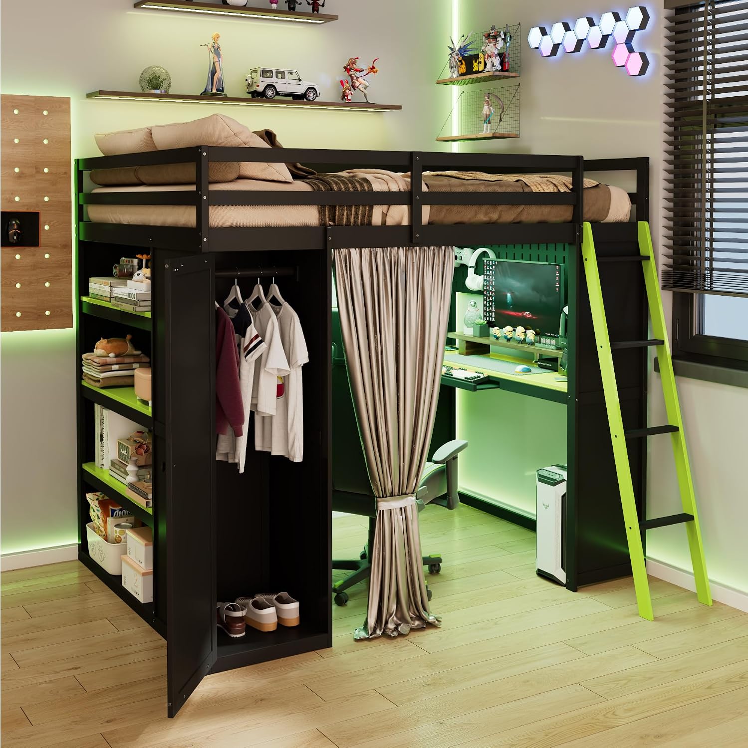 Full Gaming Loft Bed with Wardrobe & Desk & Charging Station & RGB Light,Esports Wood Loft Bed Frame with Storage Shelves,Curtains and DIY Pegboard,Space Saving,No Box Spring Needed,Black Green