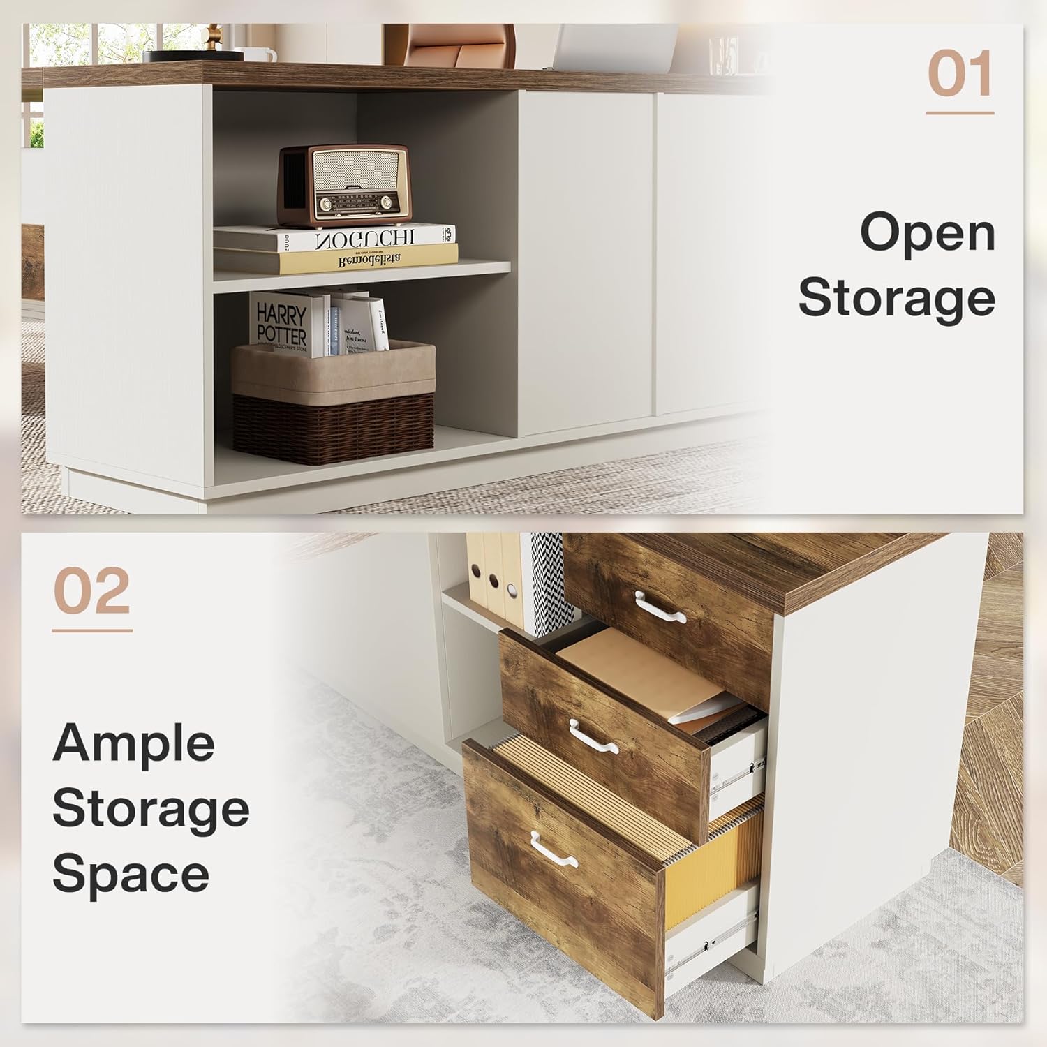 Tribesigns L-Shaped Executive Desk, 78-Inch Modern Office Desk with Drawers and Lateral File Cabinet, Large Bussiness Furniture with Storage Shelves, Workstation for Home Office (Brown + White)