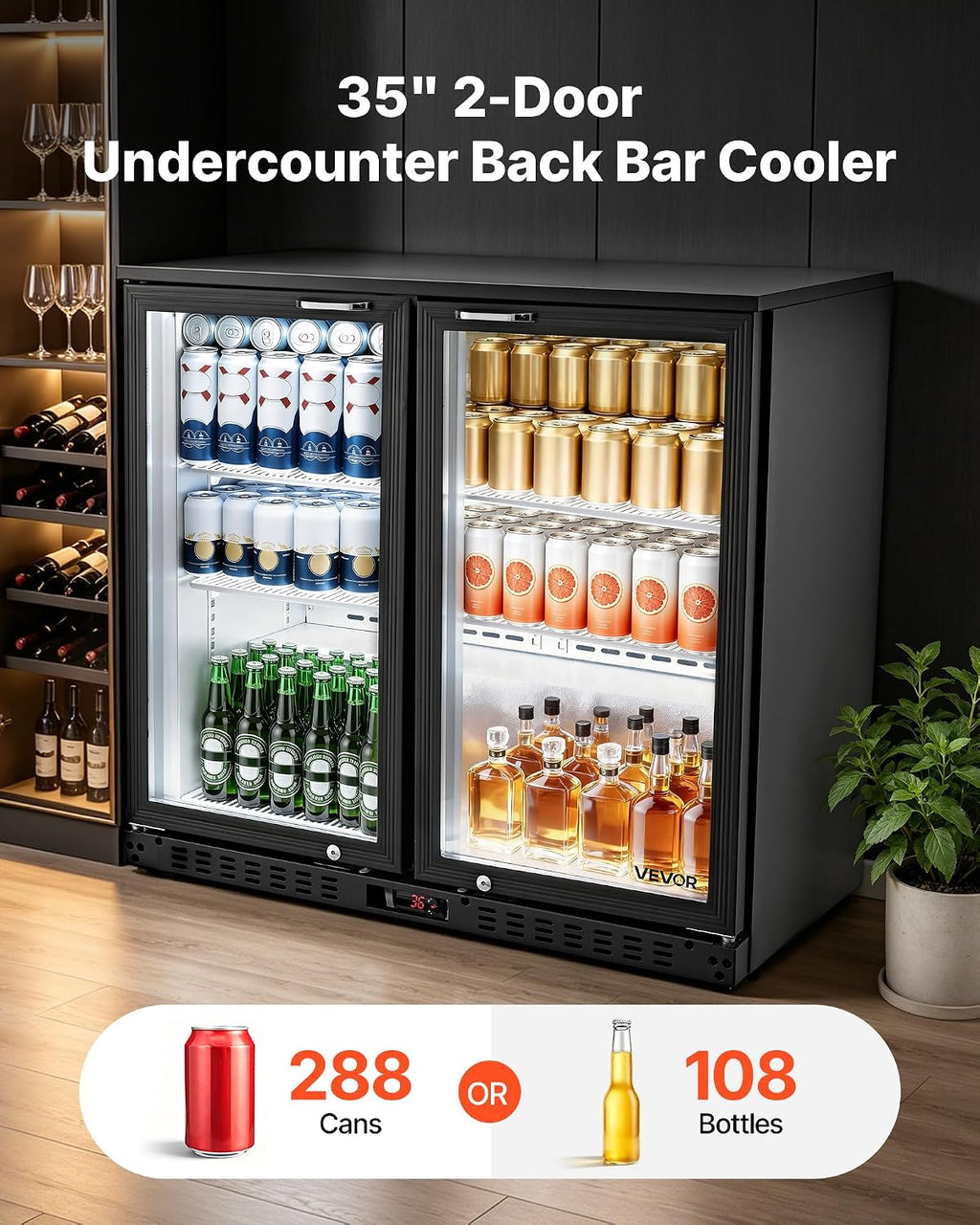 VEVOR Back Bar Cooler, 7.4 Cu. Ft Commercial Beverage Refrigerator, Under Counter Bar Fridge with 2 Glass Doors, LED Lighting, Shelves, Low-E Glass Display Cooler for Beer, Soda, Wine, Drinks