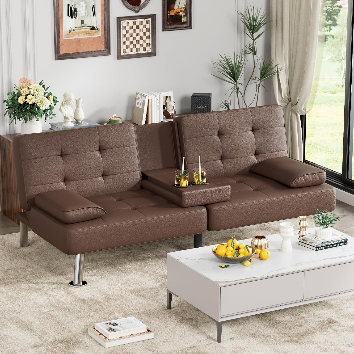 Homall Futon Sofa Bed, Leather Futon Couch with Removable Armrests, Adjustable Recliner Sleeper Sofa Bed with Dual Cup Holders for Living Room, Apartment, Office (Brown)
