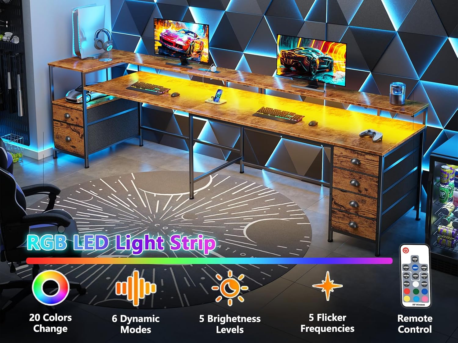 Furologee 95' Two Person Computer Gaming Desk, Long 2 Person Home Office Desk with 6 Drawers & Storage Shelves, Double Table with Power Outlets, LED Lights and Full Monitor Shelf, Rustic Brown
