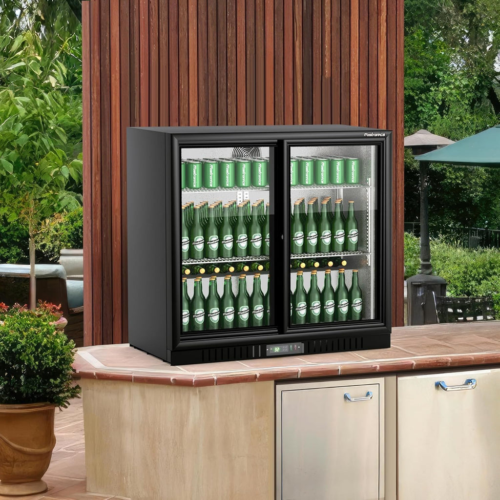 36 Inch 228 Cans Double Door Back Bar Beverage Cooler, 6.5 cu. ft. Under Counter Glass Bar Fridge With Sliding Door, Lockable, 32-50F Display Refrigerator, ETL & NSF7 Certified