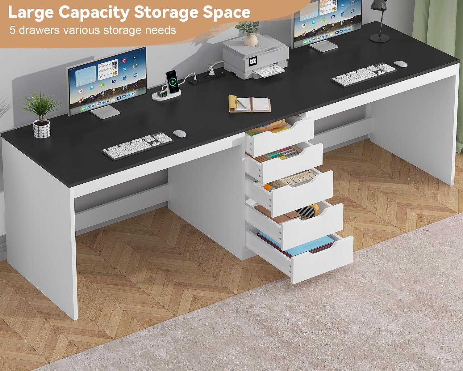 YOMILUVE 2 Person Desk with 5 Drawers and Power Outlets, 78.7 Inch Long Computer Desk with Storage File Cabinet, Two Person Home Office Double Desk with Storage, Black and White