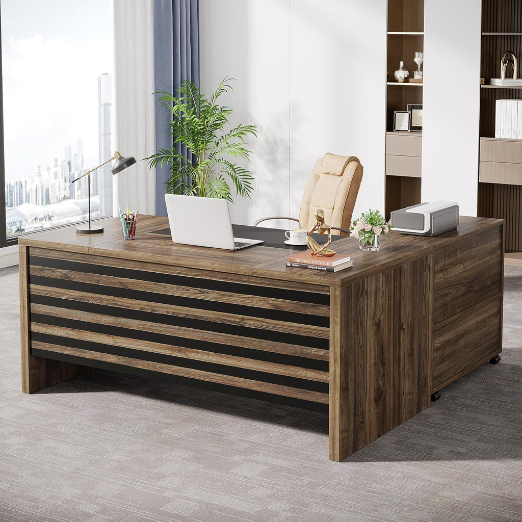 Tribesigns 62.2' Executive Desk with Mobile File Cabinet, L-Shaped Office Desk with Storage Shelves, Large Computer Desk Business Workstation Set for Home Office, Light Brown
