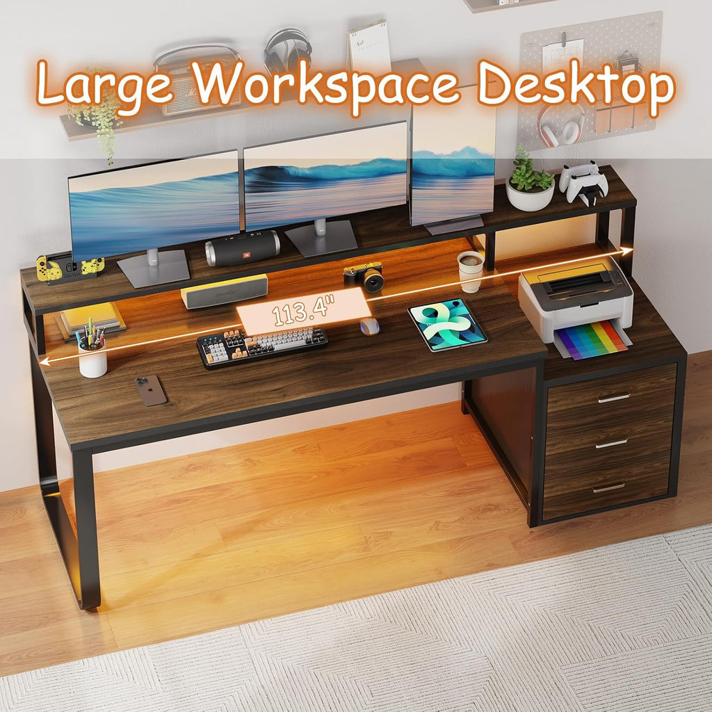 HOMBCK 67' Computer Desk with 3 Drawers, Home Office Desk with Long Monitor Stand and Printer Space, Office Desk with Storage & LED Lights, Writing Desk with Drawers, Black and Walnut