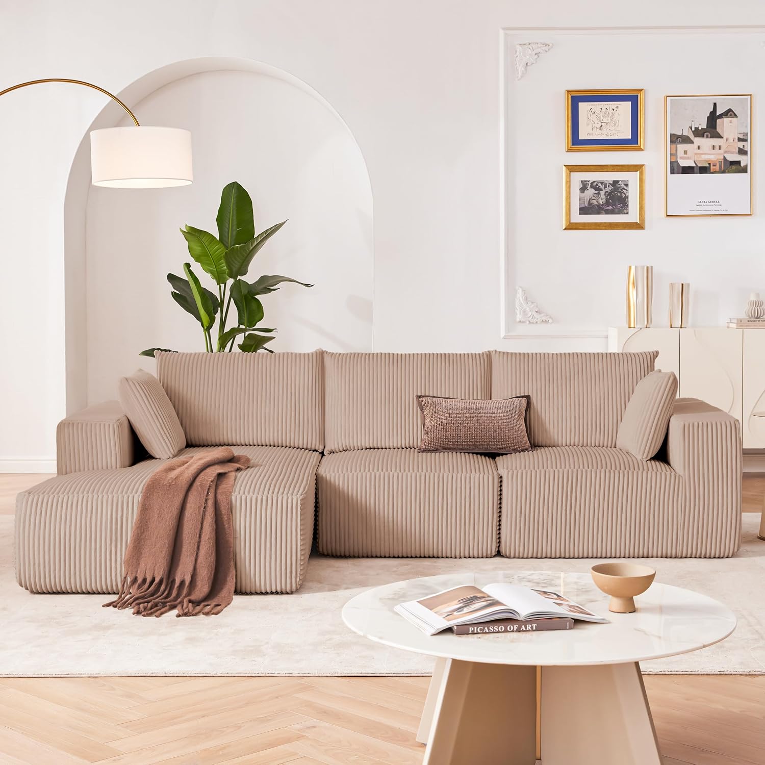108' Modular Sectional Sofa, Cloud Sectional Couch with Deep Seat, Boneless Couches for Living Room Bedroom, Modern Modular L-Shape Sofa Couch with Chaise (Camel, Left Facing Chaise)