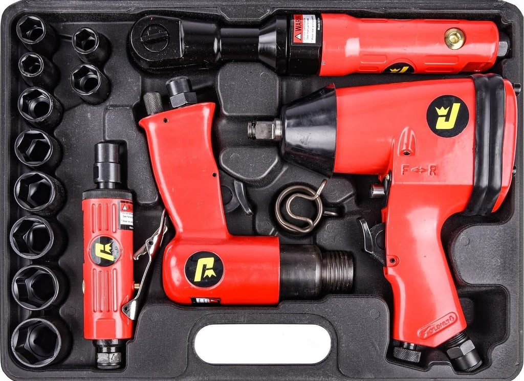 JEGS 81151 Air Tool Kit Includes Impact Wrench Ratchet Wrench Hammer Die Grinder
