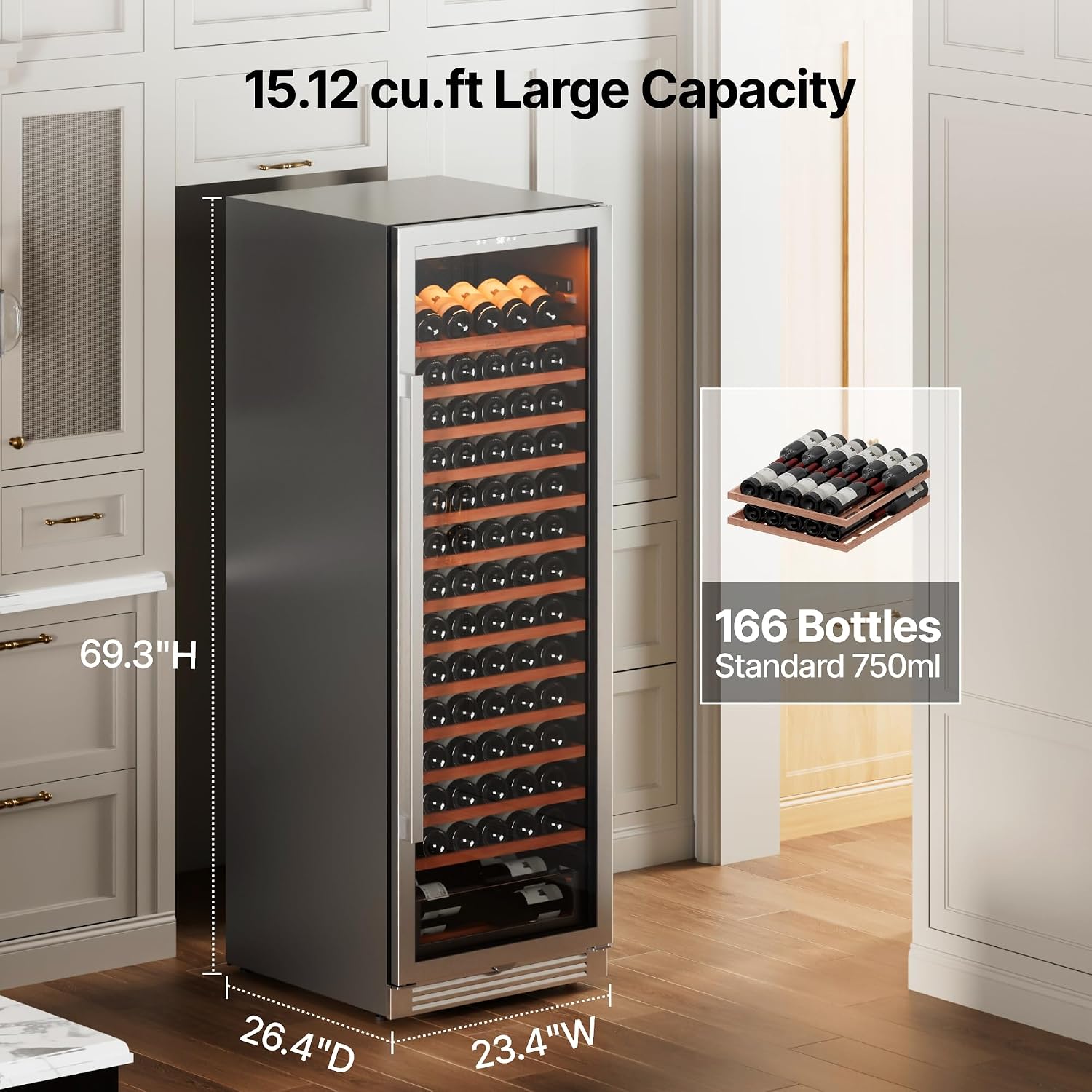Ca'Lefort 166 Bottle Wine Fridge - 24 Inch 40-65°F Wine Cooler with Glass Door & Bottom Drawer, 14 Adjustable Shelves & 3 LED Lights, Energy Star Certified Built-in/Freestanding for Home/Bar/Kitchen