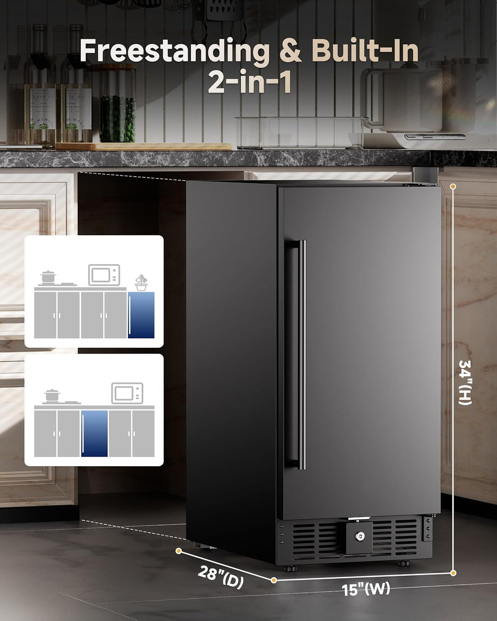 15 Inch Under Counter Beverage Refrigerator, Outdoor Fridge with 127 Cans Large Capacity & Glass Shelves, Built-in or Freestanding, Small Beverage Refrigerator for Patio & Outdoor Kitchen (Black)