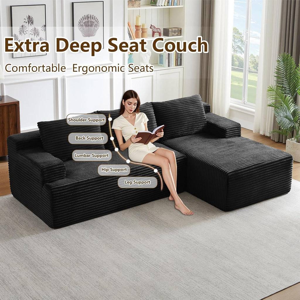 96' Modular Sectional Sofa Couches L-Shape Couch 3 Seat Modular Sofa Corduroy Memory Foam Sectional Boneless Couches for Living Room, Cloud Couch with Oversized Chaise(Black, Right Facing)