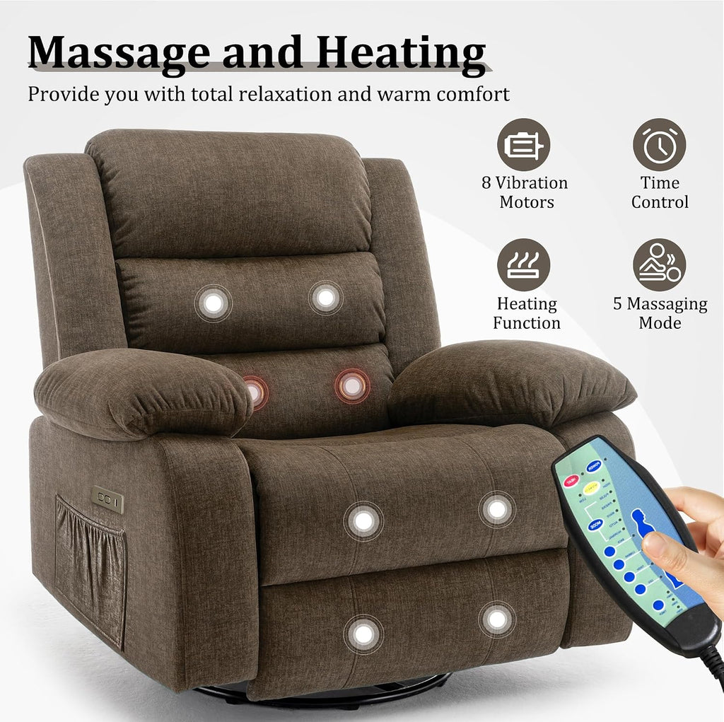 Korser Power Recliner Chair, Electric Rocker Recliner with Massage and Heat, 270° Swivel Glider, Oversized Wide Seat with USB Port, Cashmere Nursery Chair for Living Room, Brown