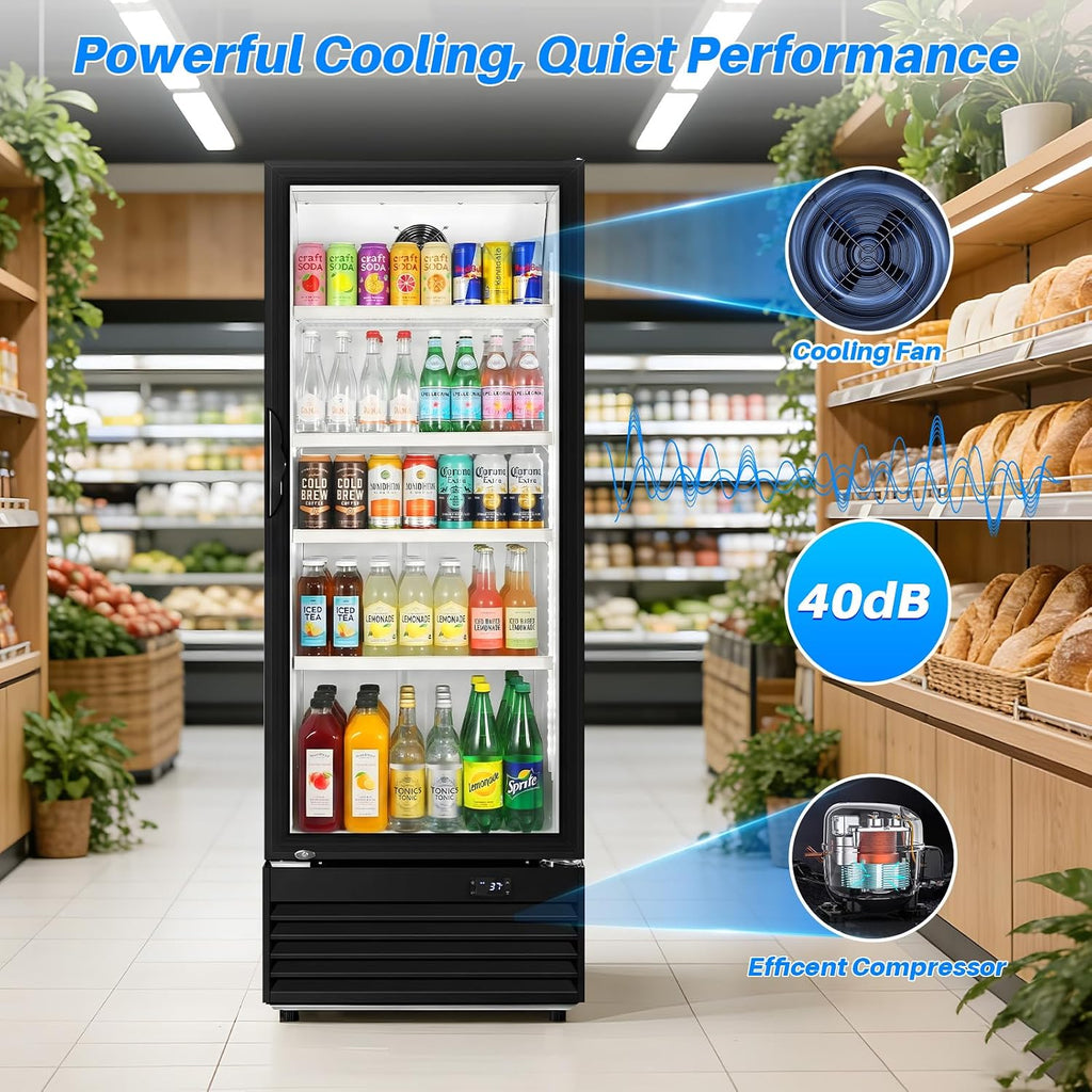Commercial Beverage Refrigerator, 24.5' Glass Door Display Fridge, 15 Cu.Ft Freestanding Beverage Cooler with 4 Adjustable Shelves, Auto Rebound Door, Low Noise, for Shops, Restaurants & Bars, Black