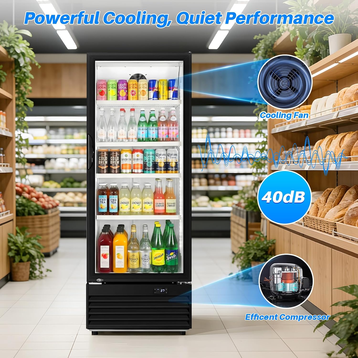 Commercial Beverage Refrigerator, 24.5' Glass Door Display Fridge, 15 Cu.Ft Freestanding Beverage Cooler with 4 Adjustable Shelves, Auto Rebound Door, Low Noise, for Shops, Restaurants & Bars, Black