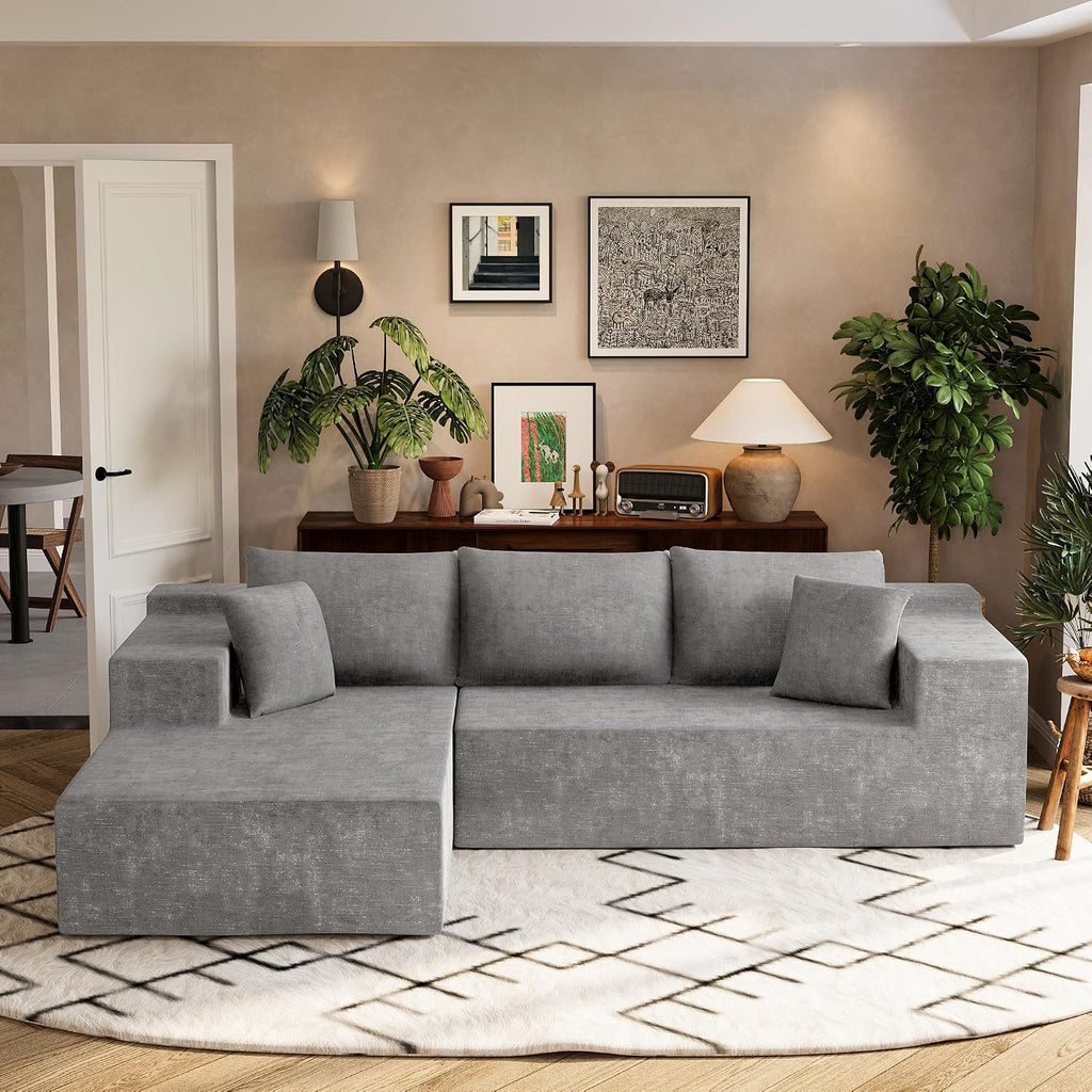 Homall 108' Modular Sectional Sofa, Boneless Couch with L-Shape Chaise, Cloud Couch with Deep Seat Upholstered, No Assembly Required for Living Room, Bedroom (Chenille, Grey)