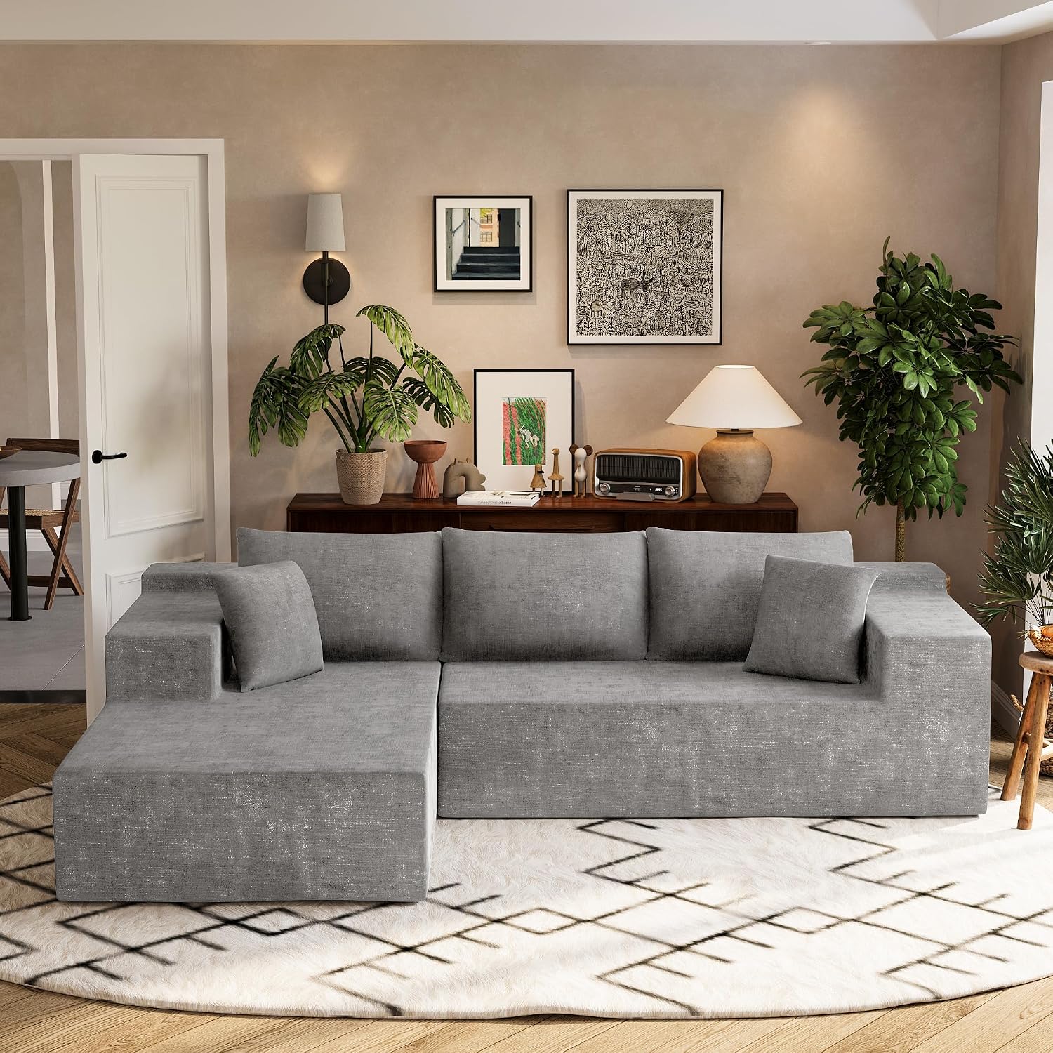 Homall 108' Modular Sectional Sofa, Boneless Couch with L-Shape Chaise, Cloud Couch with Deep Seat Upholstered, No Assembly Required for Living Room, Bedroom (Chenille, Grey)