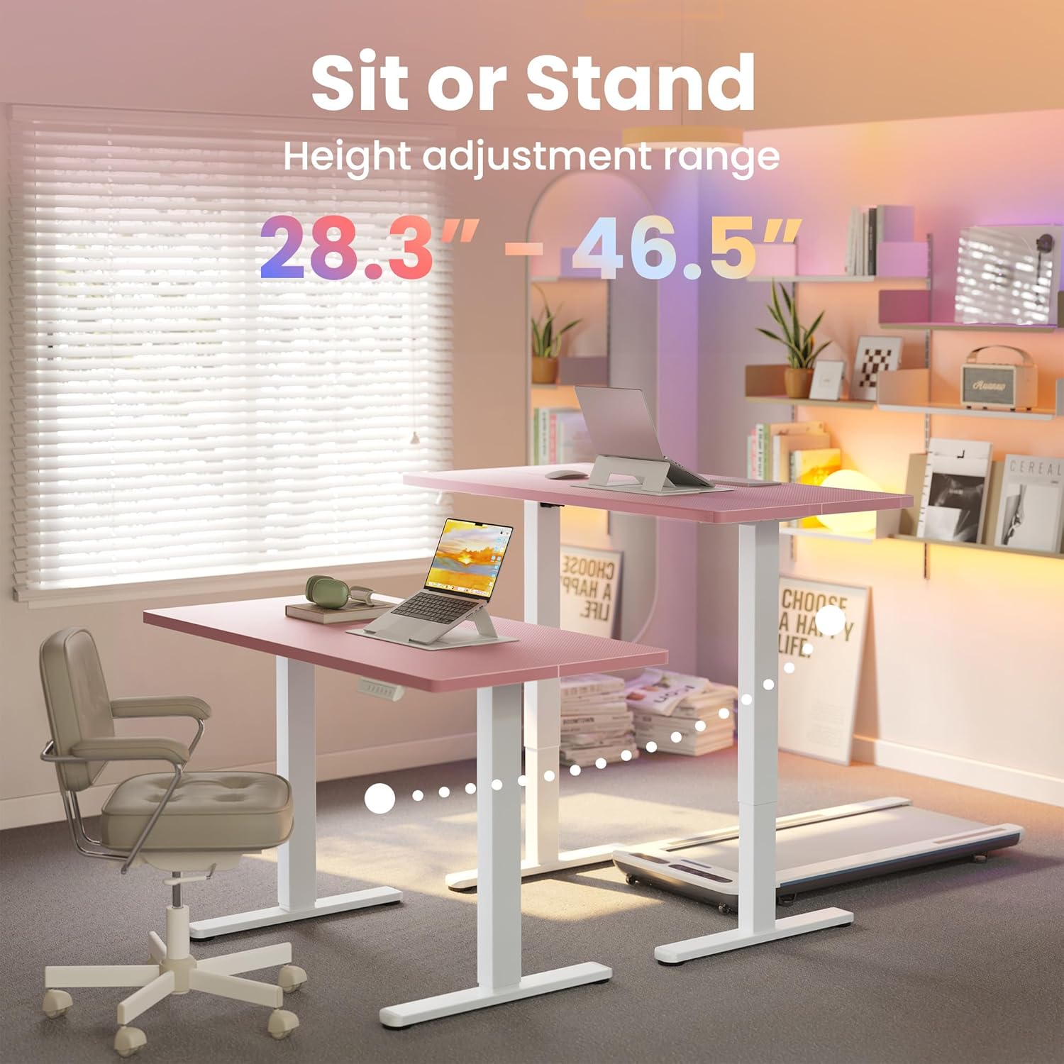 HUANUO Electric Standing Desk,48' x 24' Height Adjustable Desk, 4 Memory Height Settings, Sit to Stand Up Desk for Home Office, with Headphone Hook, Cable Manager, Pink