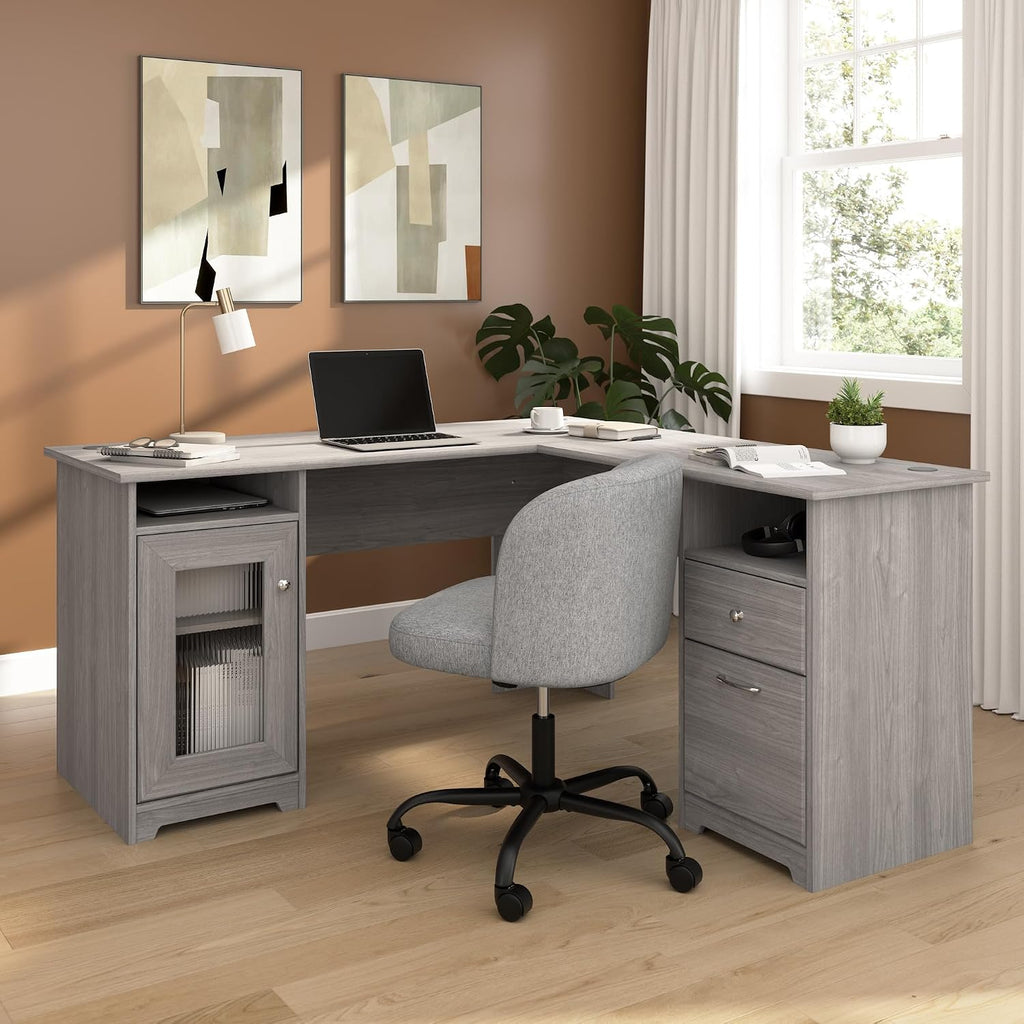 Bush Home Cabot 60W L Shaped Computer Desk with Storage in Modern Gray, 60-inch Corner Table with Drawers for Home Office Workspace