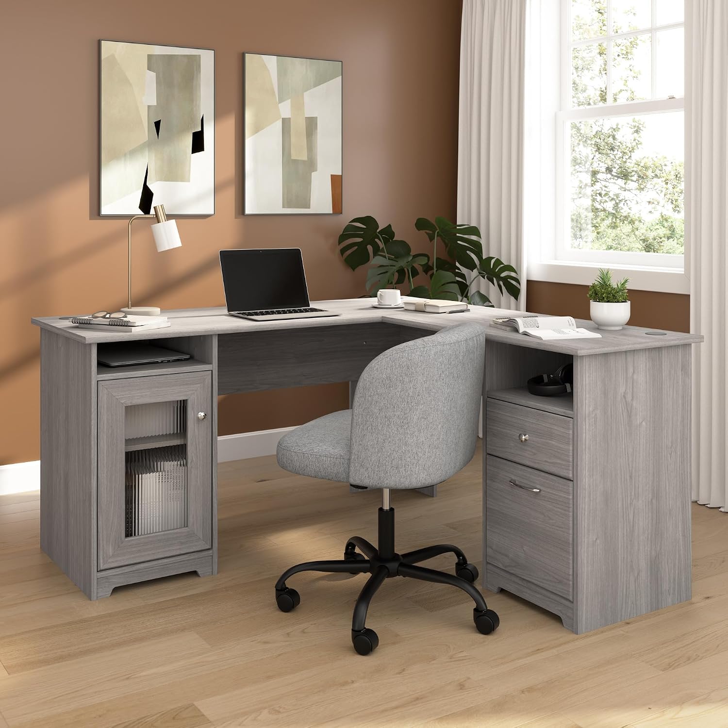 Bush Home Cabot 60W L Shaped Computer Desk with Storage in Modern Gray, 60-inch Corner Table with Drawers for Home Office Workspace