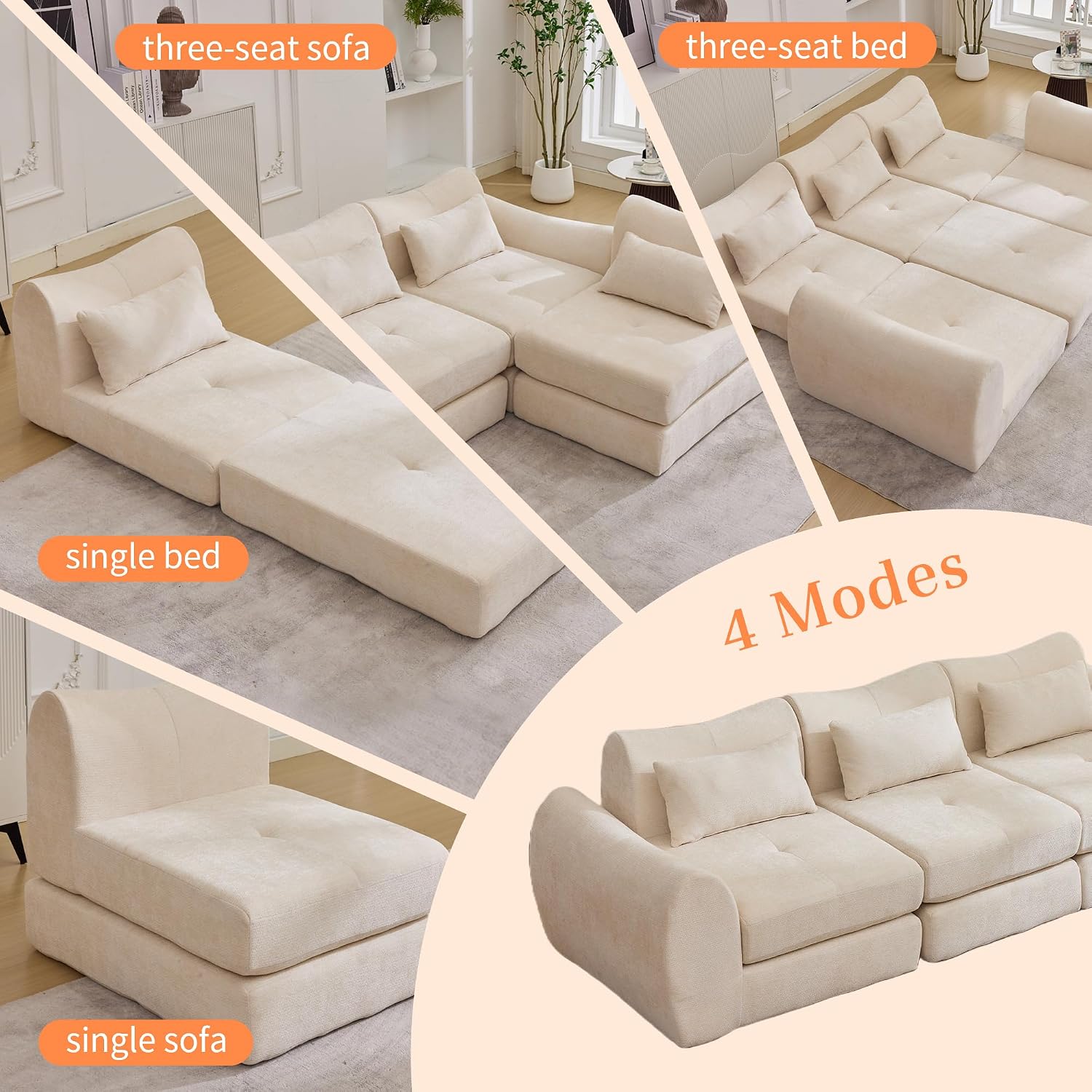 MAXMAXX 102' Modular Sectional Cloud Sofa,4-in-1 Folding Convertible Sofa Bed, Floor Boneless Couch, Modular Cushion Couch,Suitable for Living Room,Bedroom and Recreation Room(Beige)