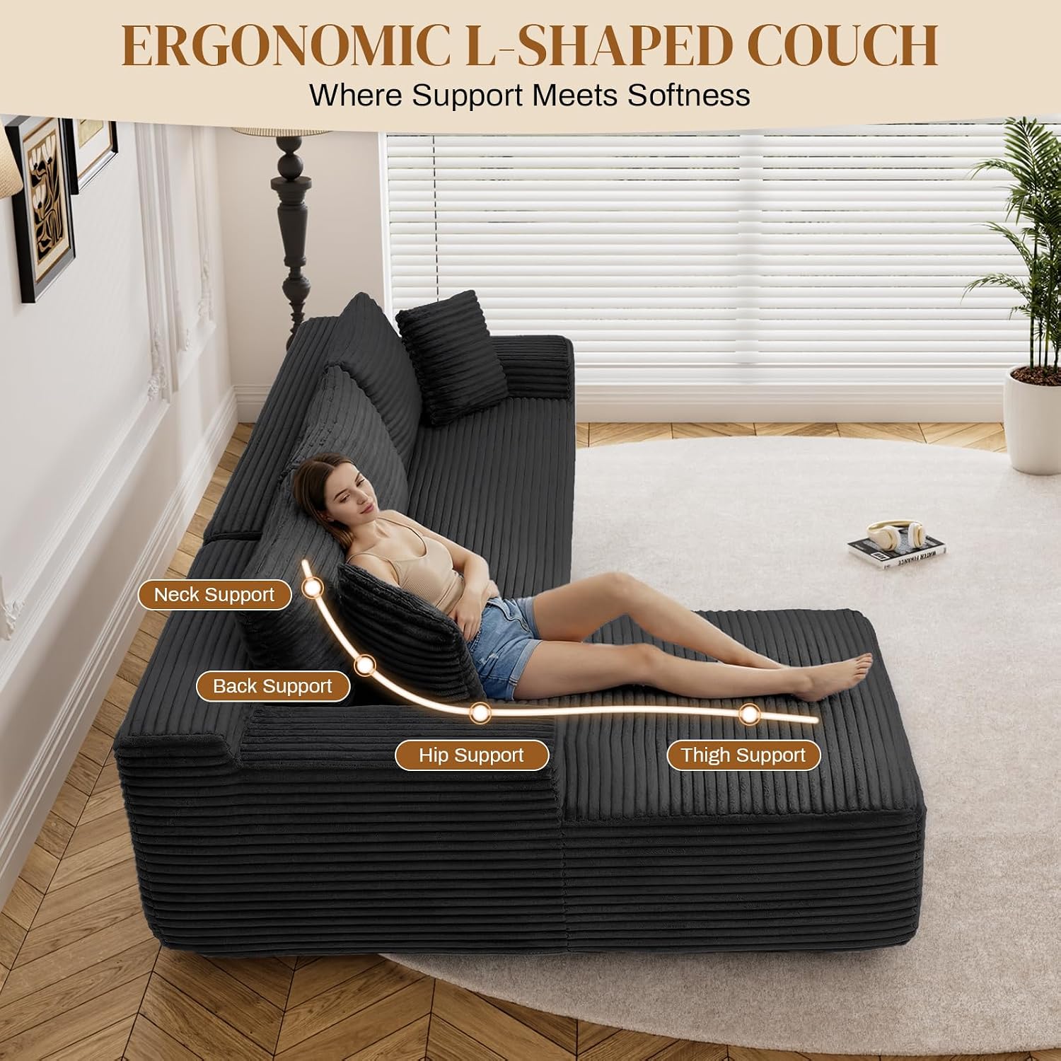 95' L Shaped Boneless Sectional Couches, Wide Armrest, Deep Seat, Memory Foam, Assembly Free, Modern Comfy Corduroy Fluffy Cloud Sofa with Right Chaise for Living Room, Small Spaces, Black