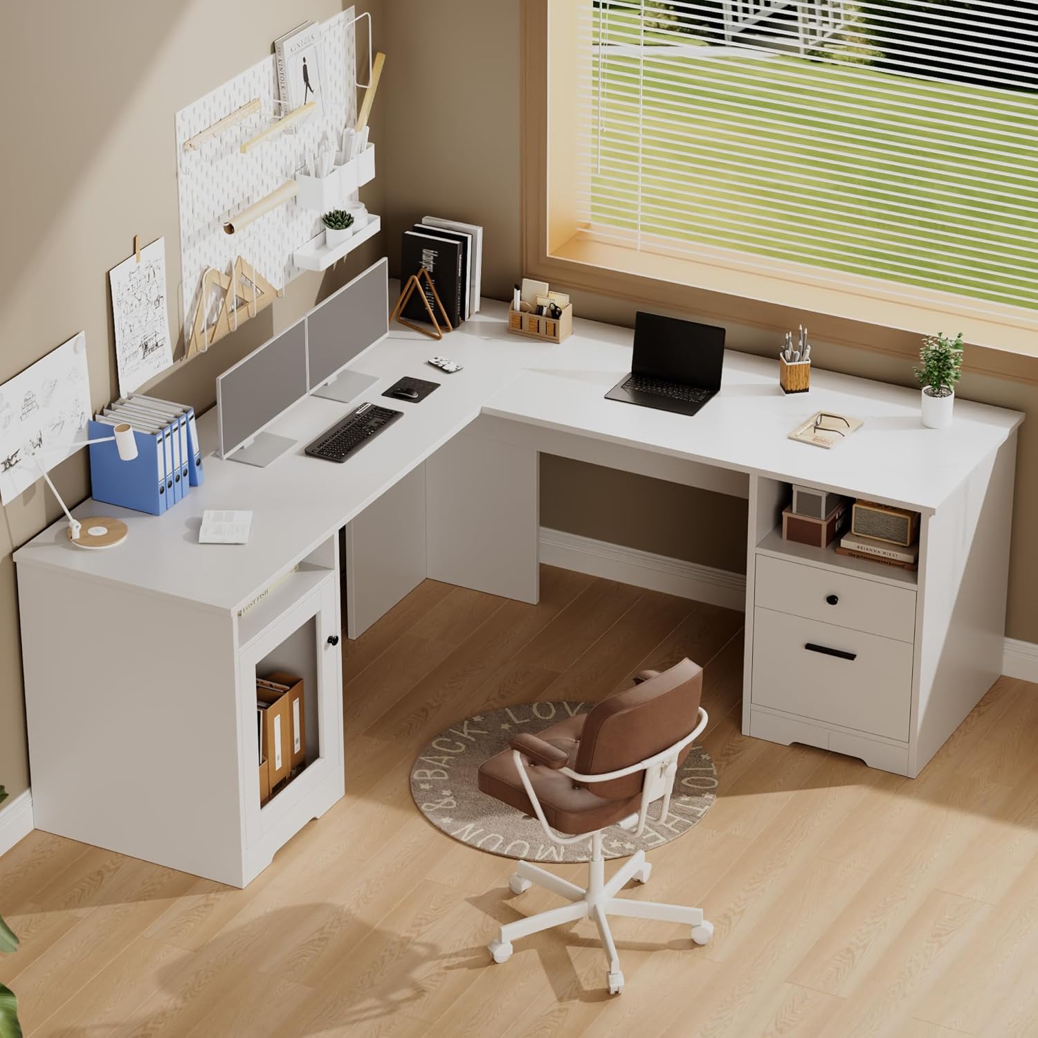 MU L Shaped Desk with File Drawer, 60 Inch Corner Desk with Storage Drawers & Cabinet, Large Home Office Table with Power Outlets, Wood Executive Office Desk, White
